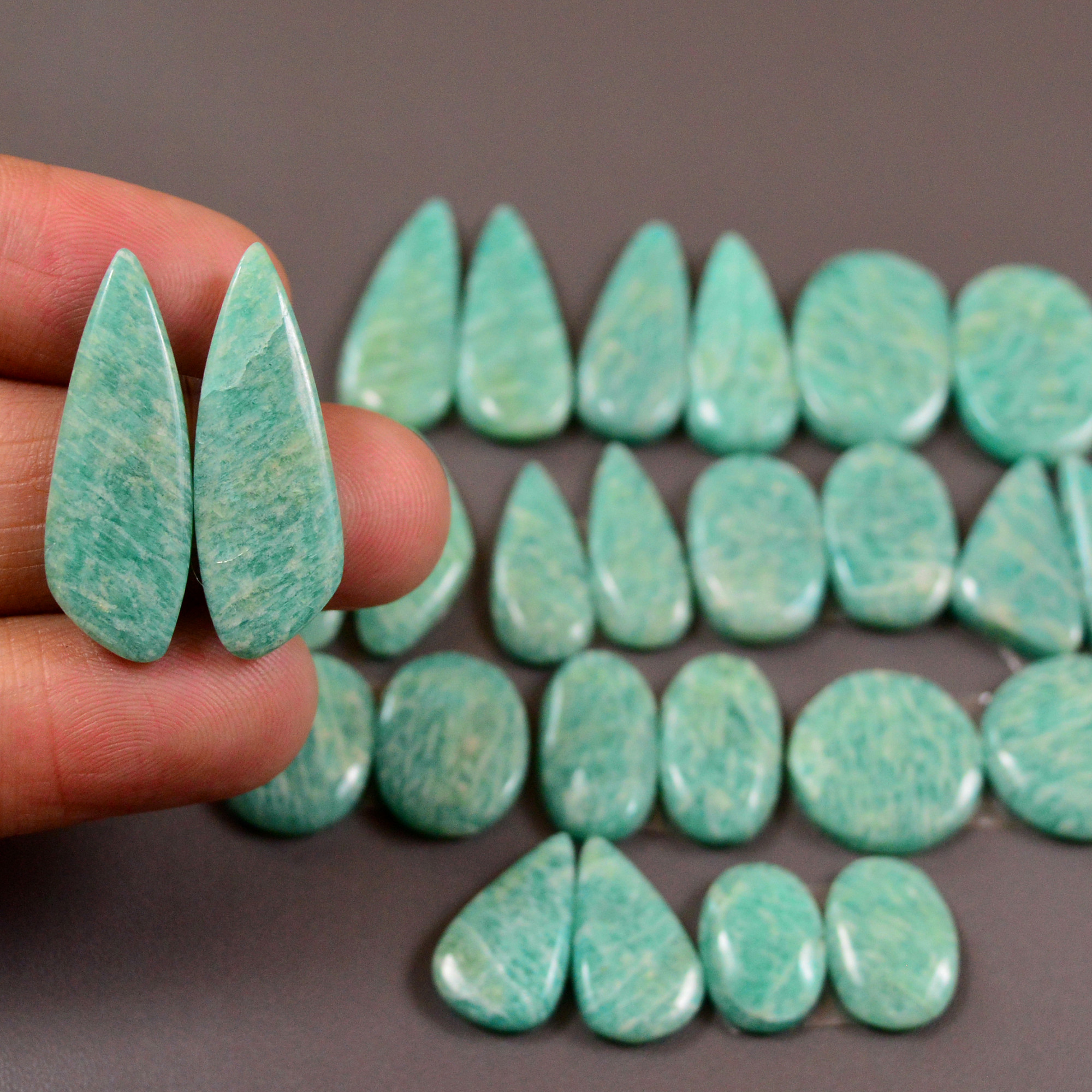 13 Pair 186Cts Natural Amazonite Cabochons Pair Gemstone Lot Mixed Shape Stones Wholesale Jewelry Making Supply 26x7 14x14mm 19452