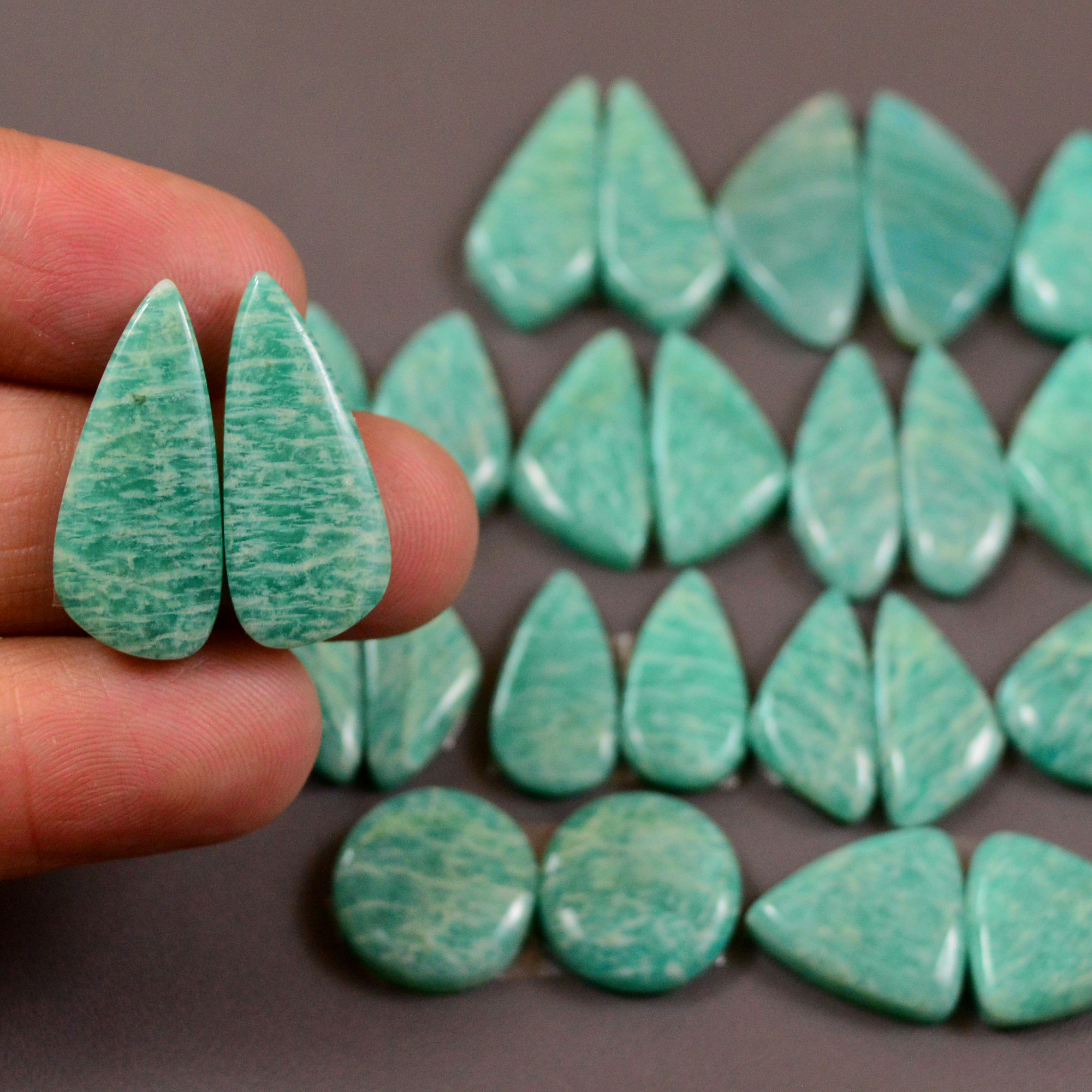 14 Pair 190Cts Natural Amazonite Cabochons Pair Gemstone Lot Mixed Shape Stones Wholesale Jewelry Making Supply 22x8 12x12mm 19453