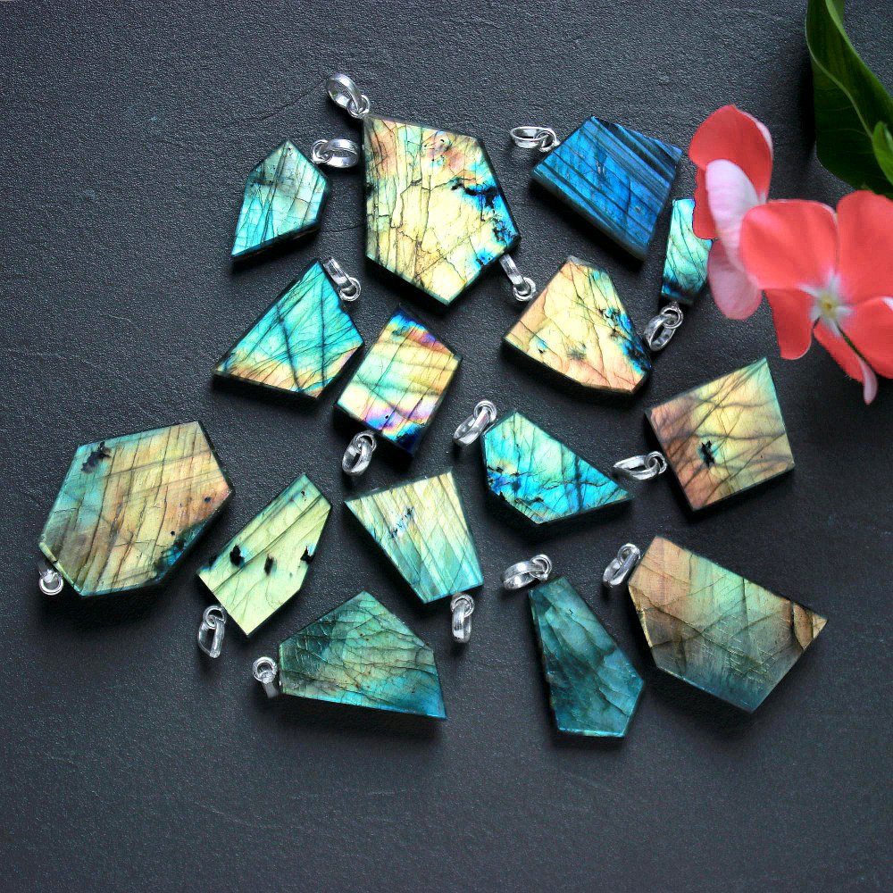 15Pcs 448Cts Natural Labradorite Slice Silver Plated Pendant 40x26 23x10mm#G-1946