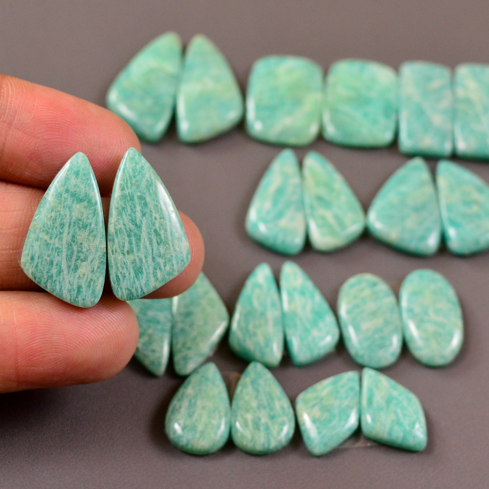 11 Pair 171Cts Natural Amazonite Cabochons Pair Gemstone Lot Mixed Shape Stones Wholesale Jewelry Making Supply 22x10 13x8mm 19461