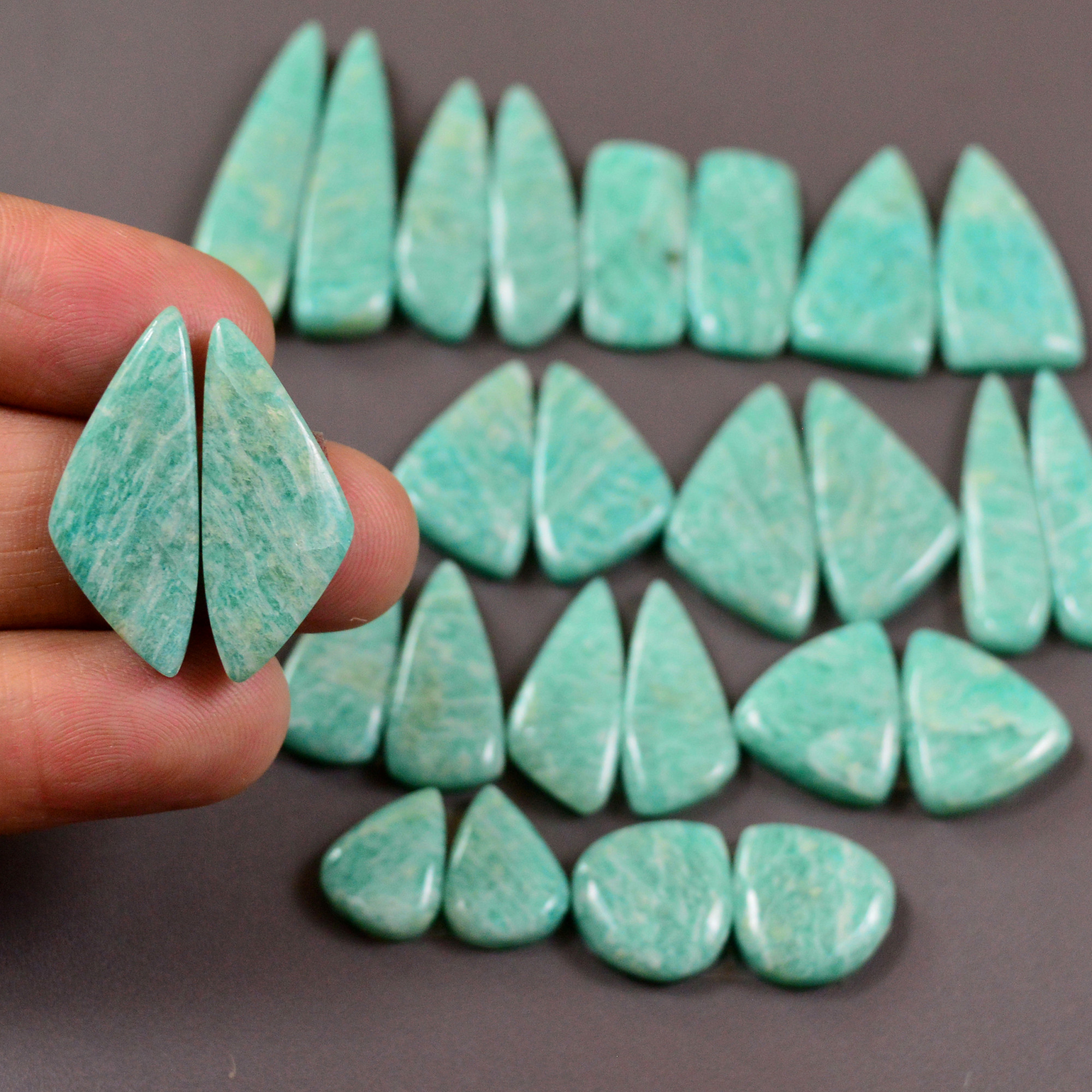 13 Pair 235Cts Natural Amazonite Cabochons Pair Gemstone Lot Mixed Shape Stones Wholesale Jewelry Making Supply 34x7 11x8mm 19464