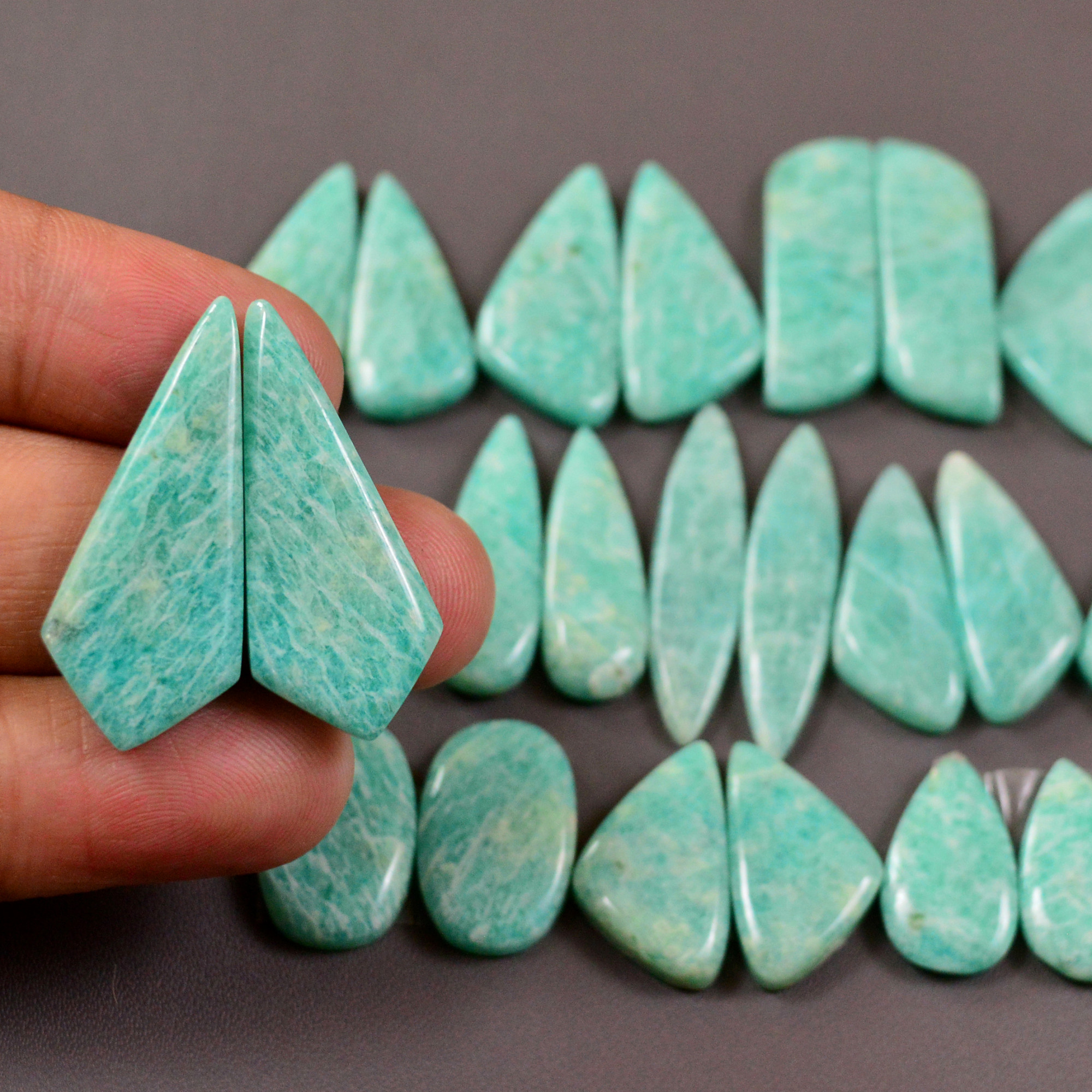 12 Pair 216Cts Natural Amazonite Cabochons Pair Gemstone Lot Mixed Shape Stones Wholesale Jewelry Making Supply 30x10 16x10mm 19465