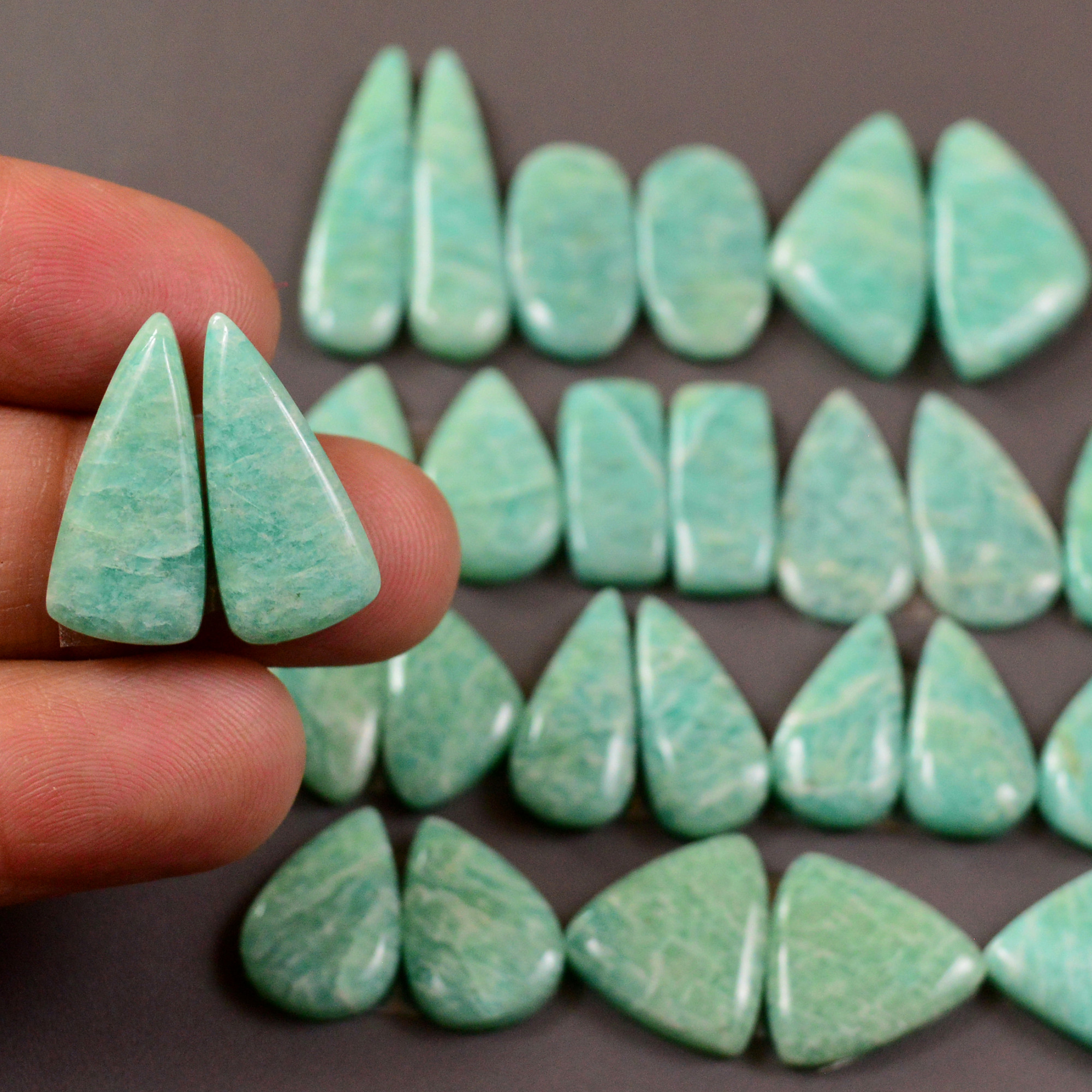 15 Pair 187Cts Natural Amazonite Cabochons Pair Gemstone Lot Mixed Shape Stones Wholesale Jewelry Making Supply 27x5 10x11mm 19466