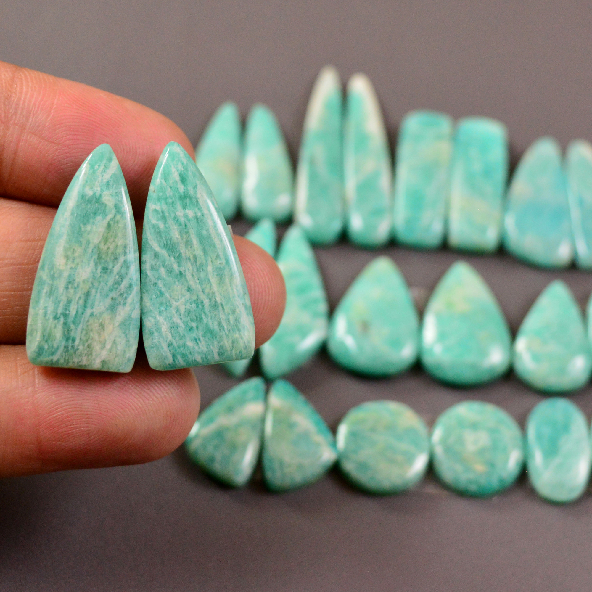 11 Pair 157Cts Natural Amazonite Cabochons Pair Gemstone Lot Mixed Shape Stones Wholesale Jewelry Making Supply 30x4 12x8mm 19467