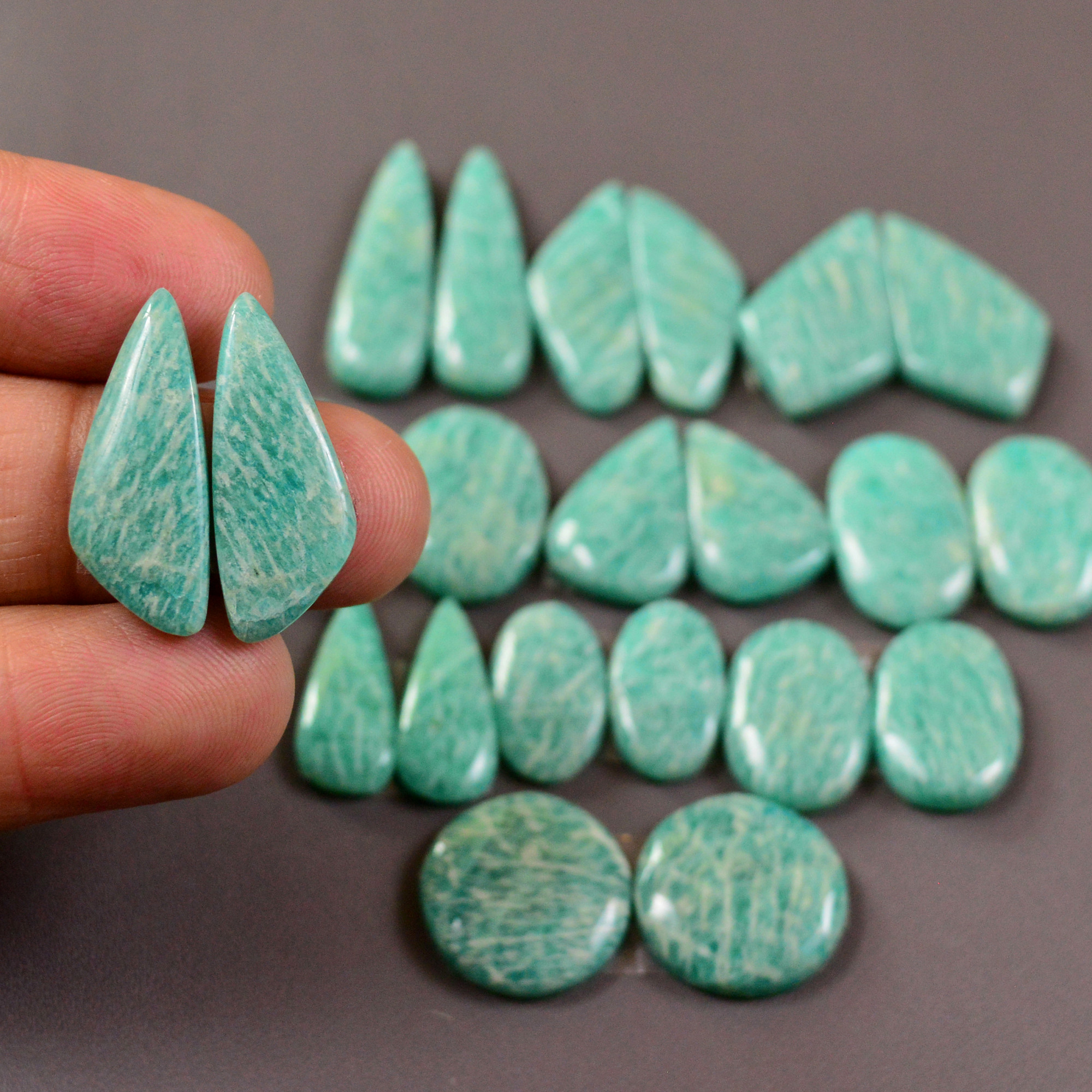 11 Pair 160Cts Natural Amazonite Cabochons Pair Gemstone Lot Mixed Shape Stones Wholesale Jewelry Making Supply 24x6 14x14mm 19468