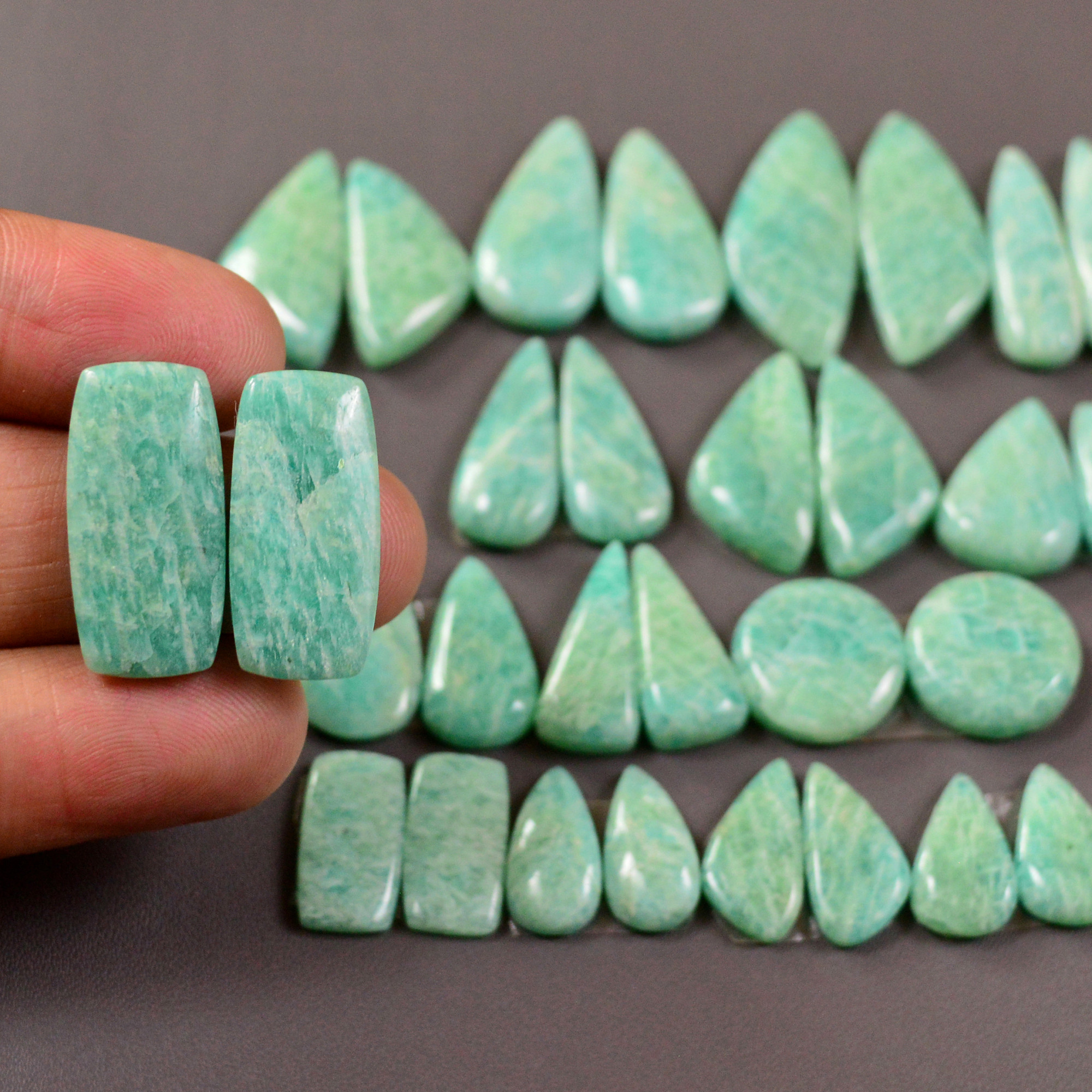 15 Pair 201Cts Natural Amazonite Cabochons Pair Gemstone Lot Mixed Shape Stones Wholesale Jewelry Making Supply 35x10 14x6mm 19469