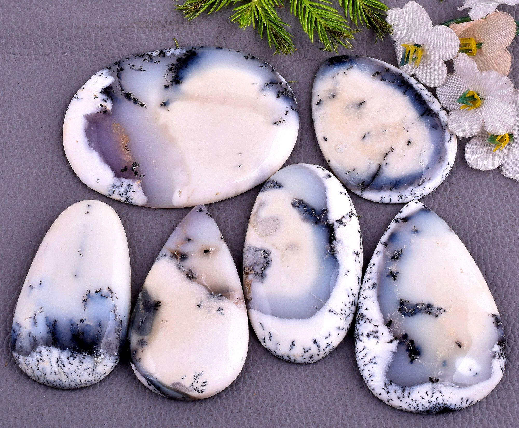 6 Pcs 592CTS Dendrite Opal Mix Cabochon Loose Gemstone Wholesale Lot Size 64x46 47x35 mm