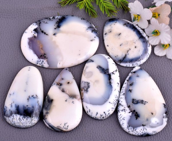6 Pcs 592CTS Dendrite Opal Mix Cabochon Loose Gemstone Wholesale Lot Size 64x46 47x35 mm
