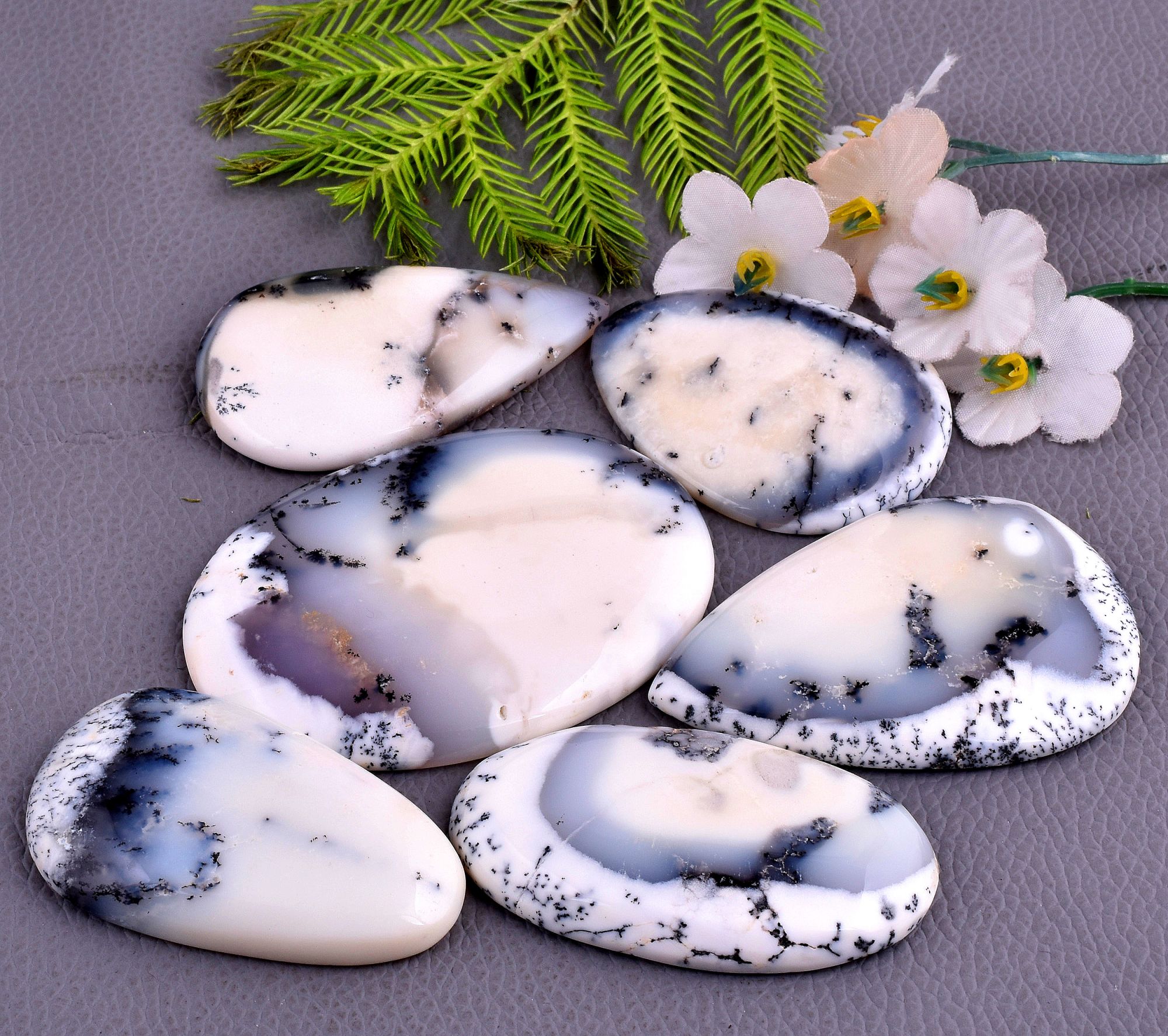 6 Pcs 592CTS Dendrite Opal Mix Cabochon Loose Gemstone Wholesale Lot Size 64x46 47x35 mm