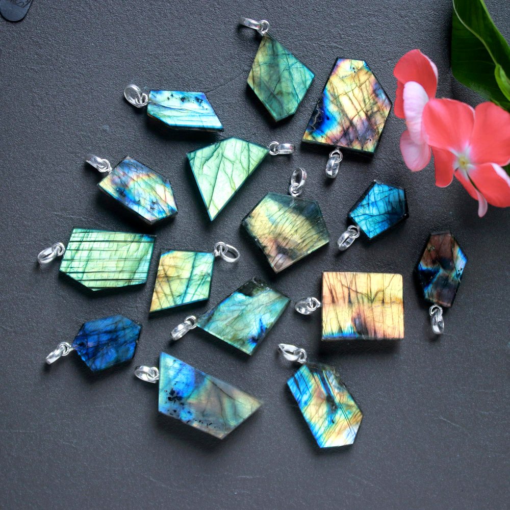 15Pcs 426Cts Natural Labradorite Slice Silver Plated Pendant 36x16 22x15mm#G-1947