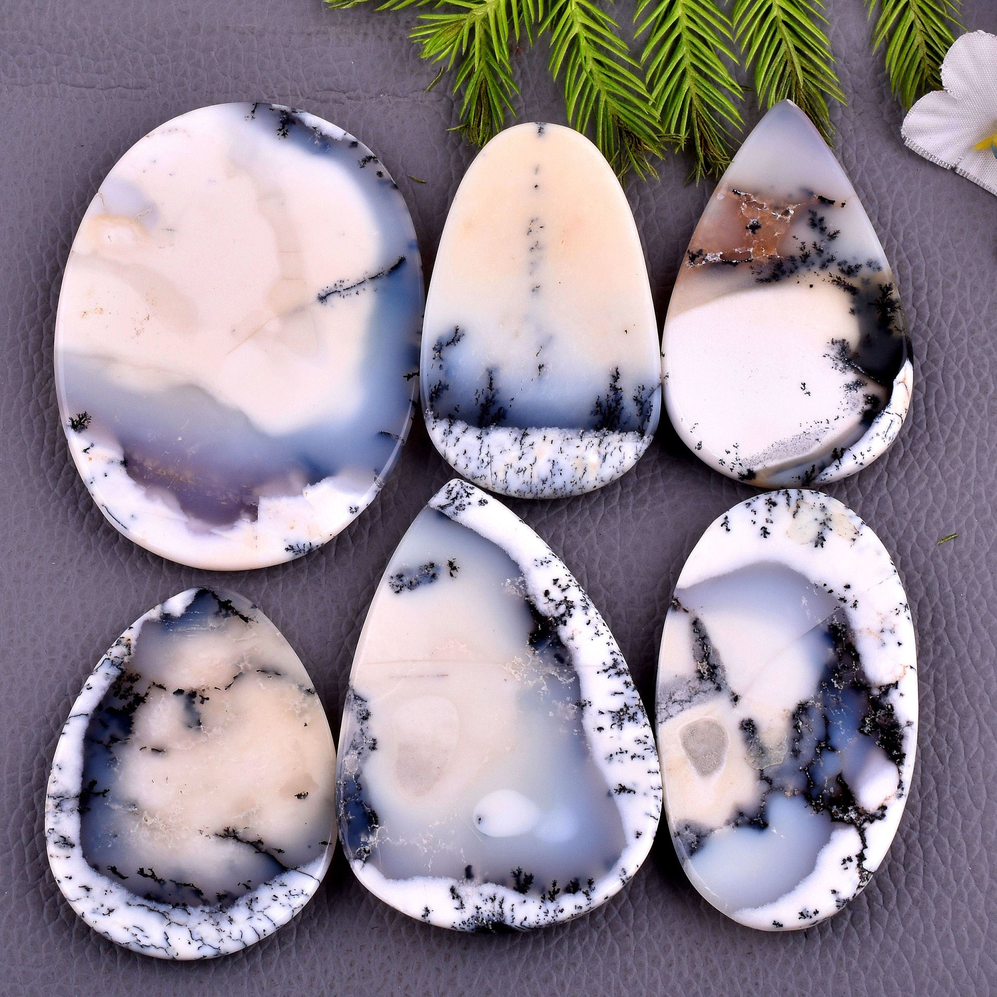 6 Pcs 592CTS Dendrite Opal Mix Cabochon Loose Gemstone Wholesale Lot Size 64x46 47x35 mm