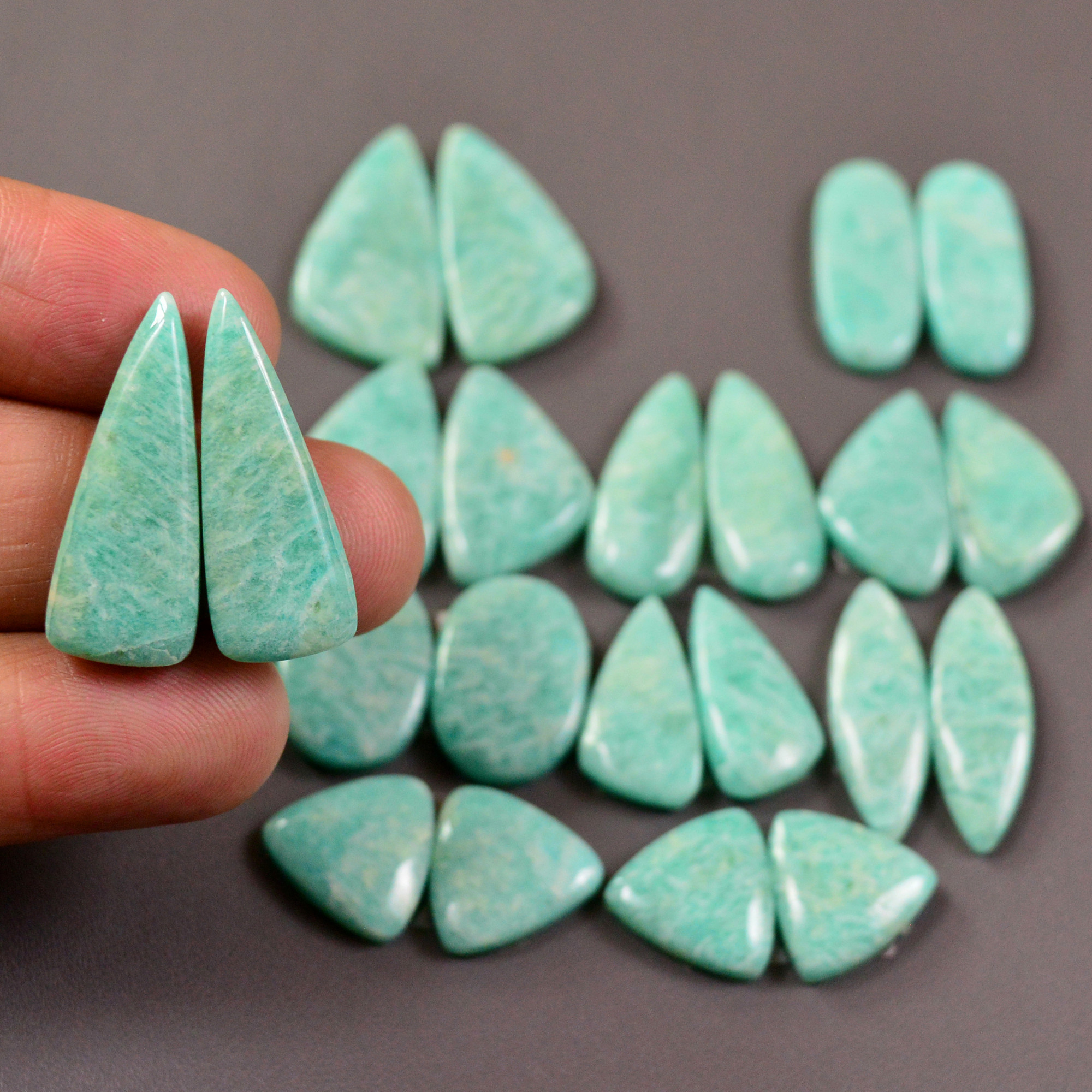 11 Pair 170Cts Natural Amazonite Cabochons Pair Gemstone Lot Mixed Shape Stones Wholesale Jewelry Making Supply 24x8 21x8mm 19470