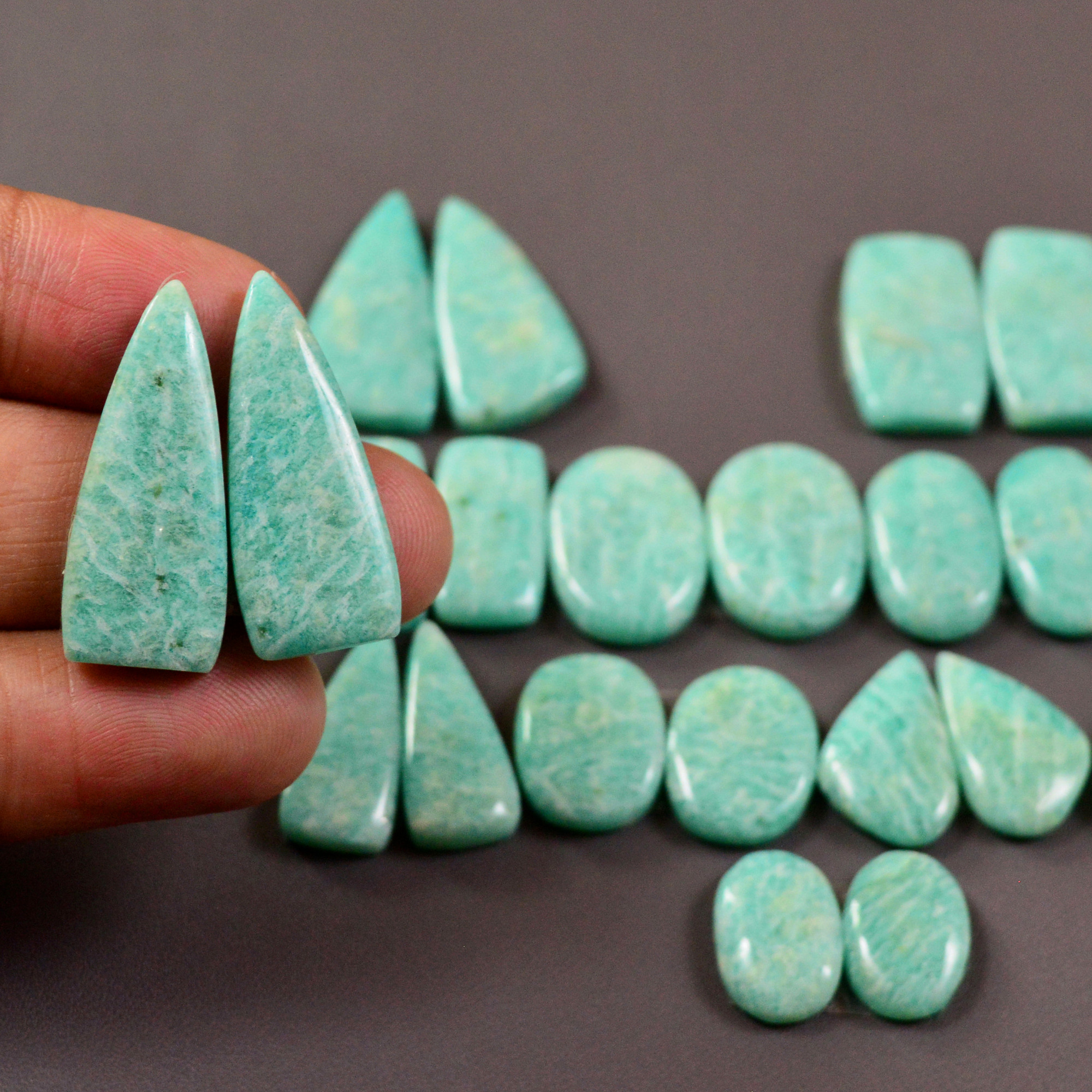 13 Pair 226Cts Natural Amazonite Cabochons Pair Gemstone Lot Mixed Shape Stones Wholesale Jewelry Making Supply 27x8 11x8mm 19471