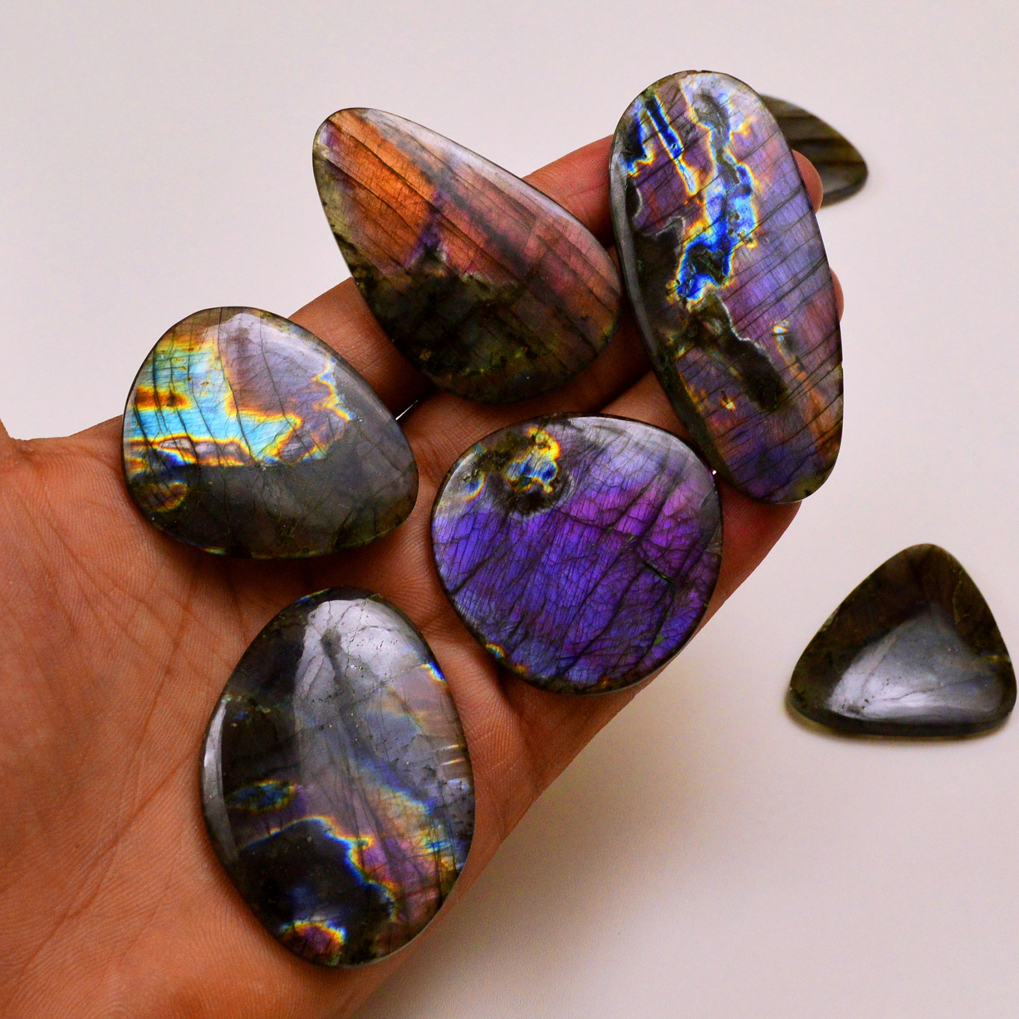 7 Pcs 620Cts Natural Labradorite Palm Stone Briolette Cabochons Gemstone Lot 63x29 40x40mm 19472