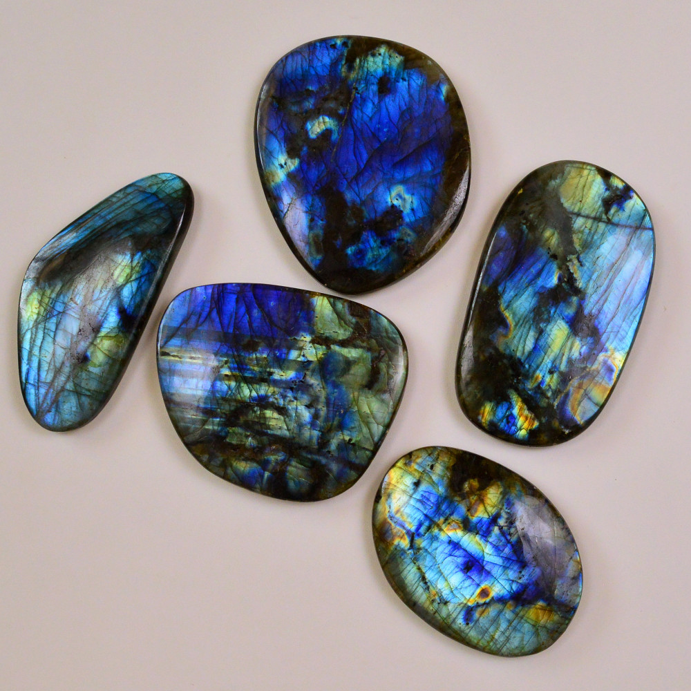 Image of 5 Pcs 2483Cts Natural Labradorite Palm Stone Briolette Cabochons Gemstone Lot 91x50 70x50mm #19474
