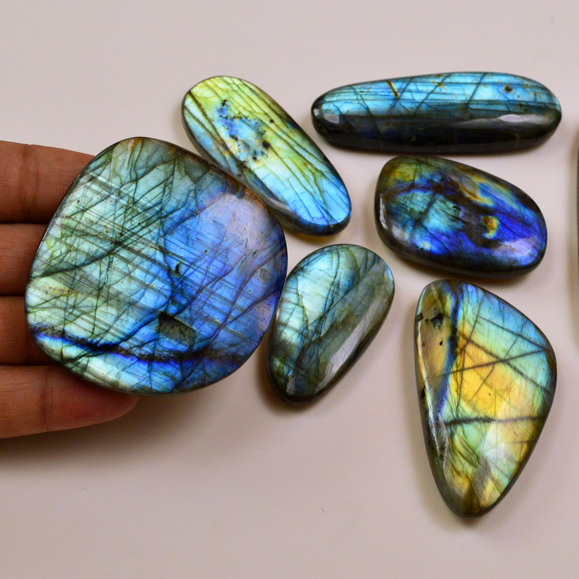 7 Pcs 1707Cts Natural Labradorite Palm Stone Briolette Cabochons Gemstone Lot 100x36 50x26mm 19475