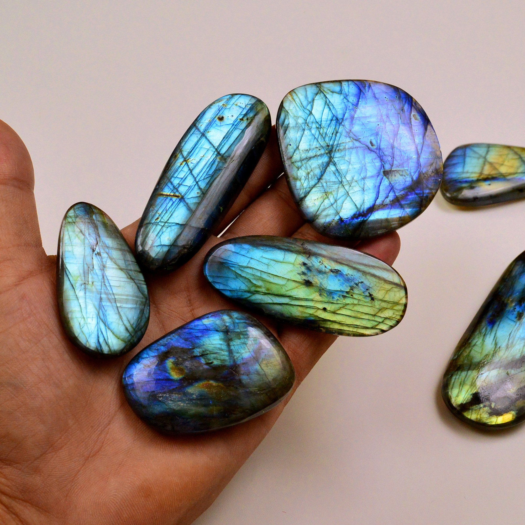 7 Pcs 1707Cts Natural Labradorite Palm Stone Briolette Cabochons Gemstone Lot 100x36 50x26mm 19475