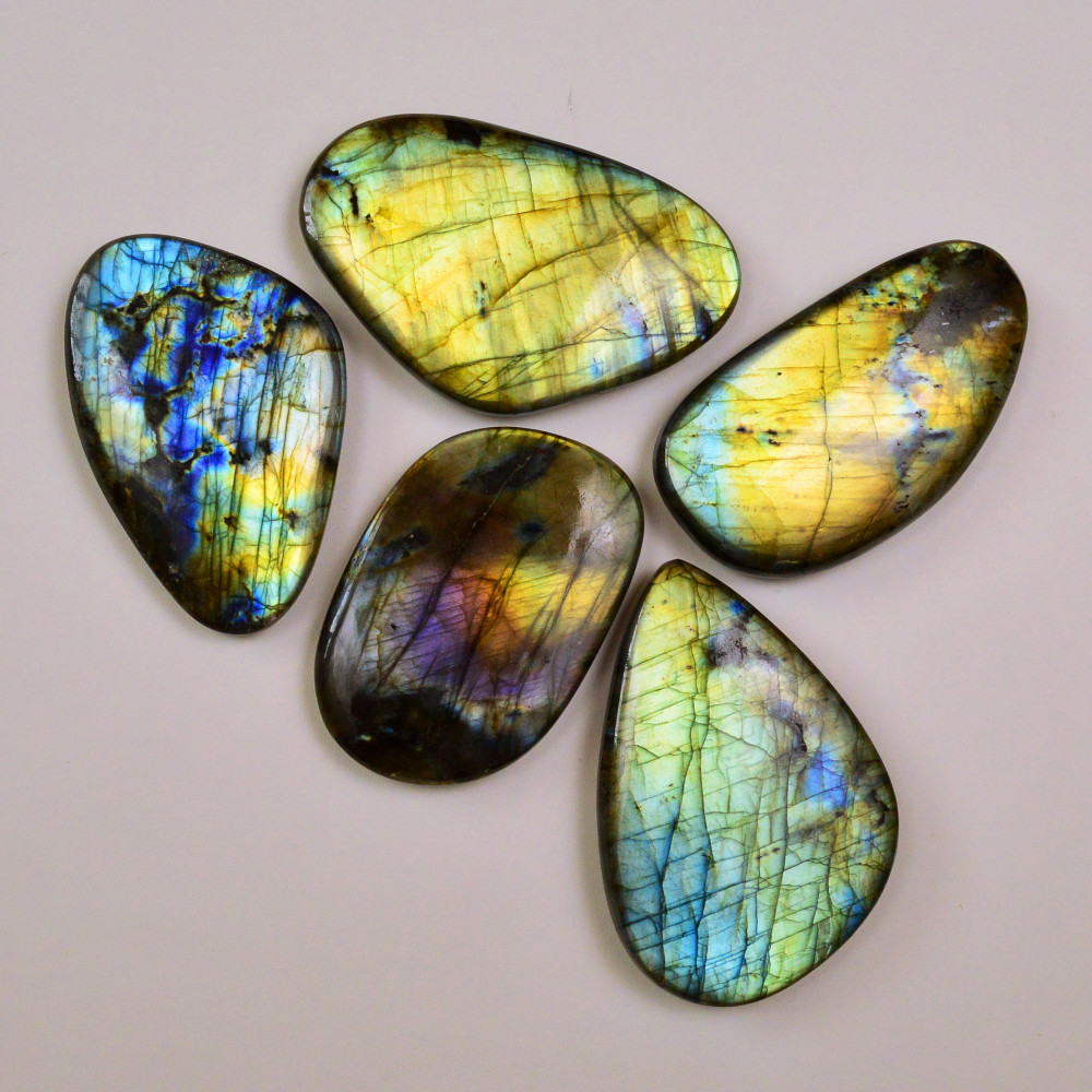 Image of 5 Pcs 1626Cts Natural Labradorite Palm Stone Briolette Cabochons Gemstone Lot 73x50 63x43mm #19476