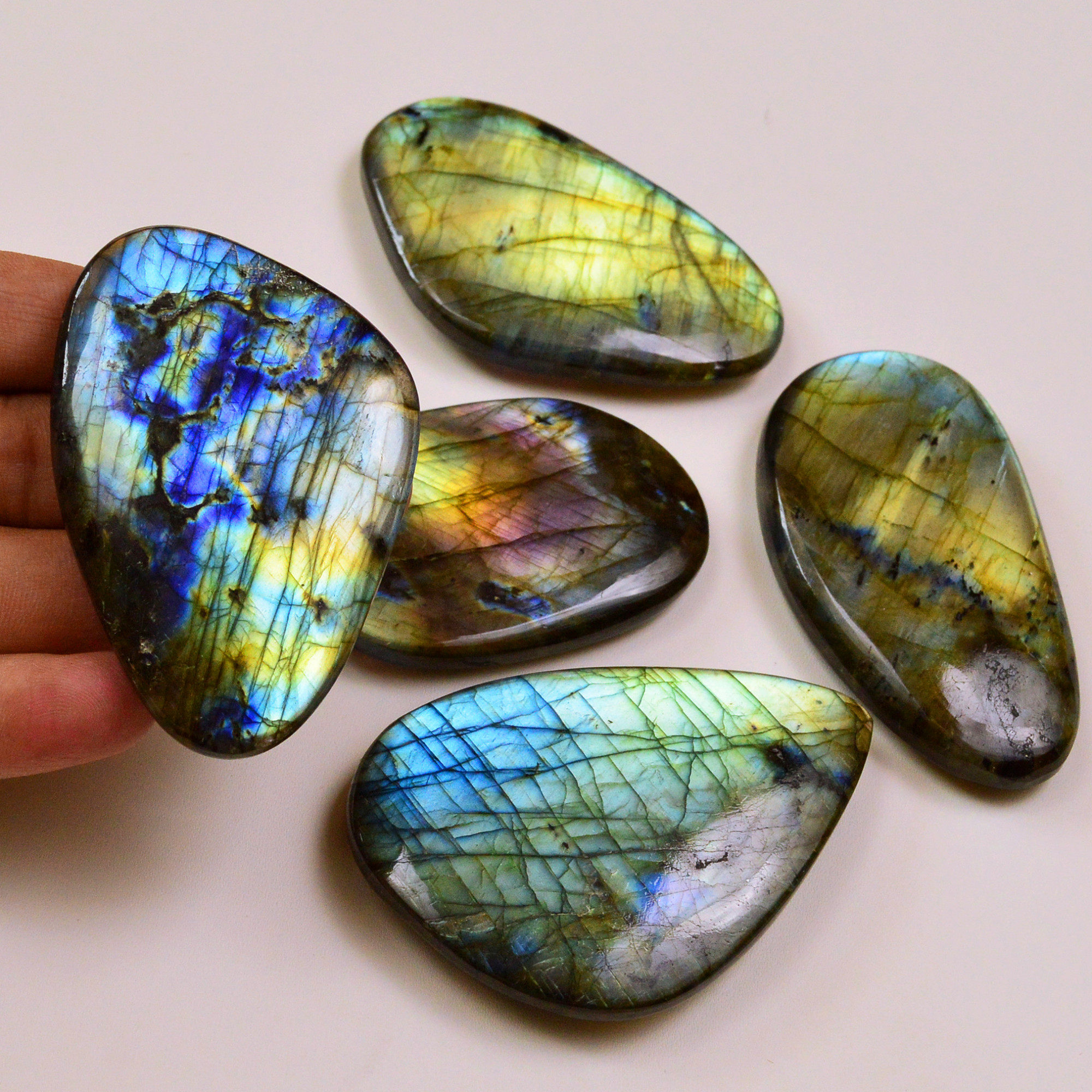 5 Pcs 1626Cts Natural Labradorite Palm Stone Briolette Cabochons Gemstone Lot 73x50 63x43mm 19476