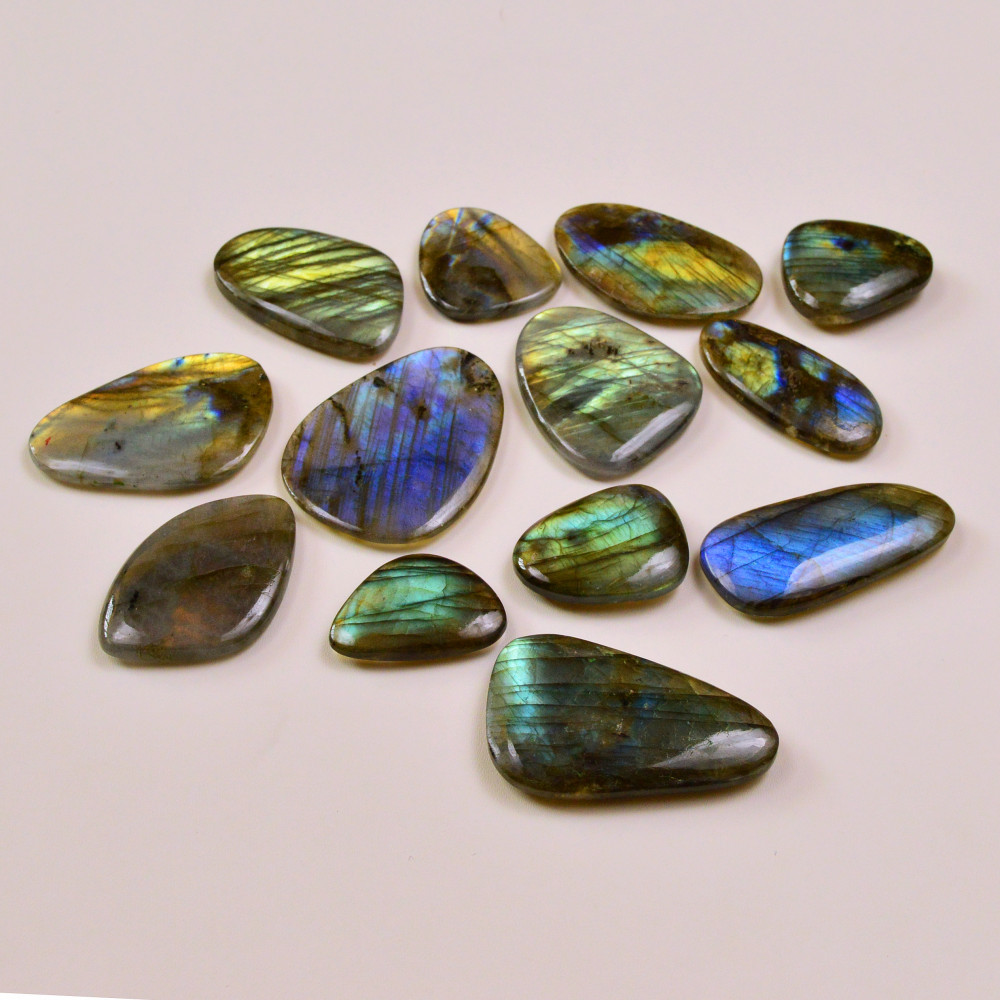 Image of 13 Pcs 763Cts Natural Labradorite Palm Stone Briolette Cabochons Gemstone Lot 45x26 23x19mm #19477