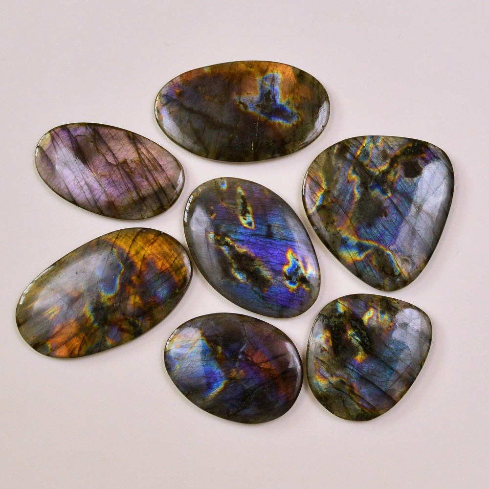 Image of 7 Pcs 446Cts Natural Labradorite Palm Stone Briolette Cabochons Gemstone Lot 50x28 38x27mm #19478