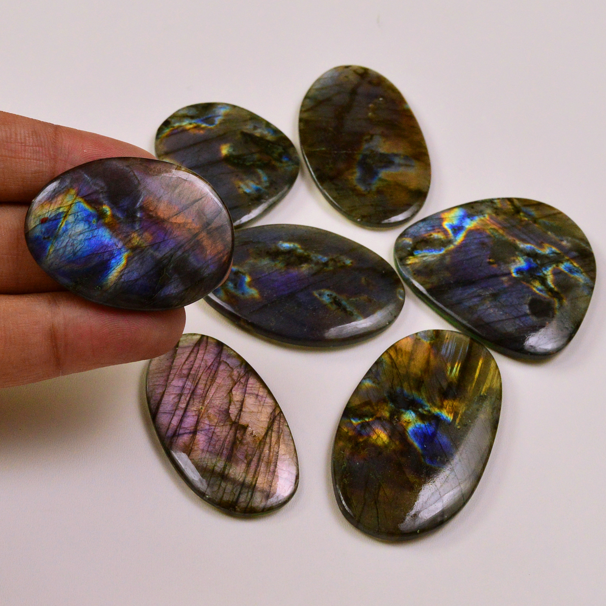 7 Pcs 446Cts Natural Labradorite Palm Stone Briolette Cabochons Gemstone Lot 50x28 38x27mm 19478