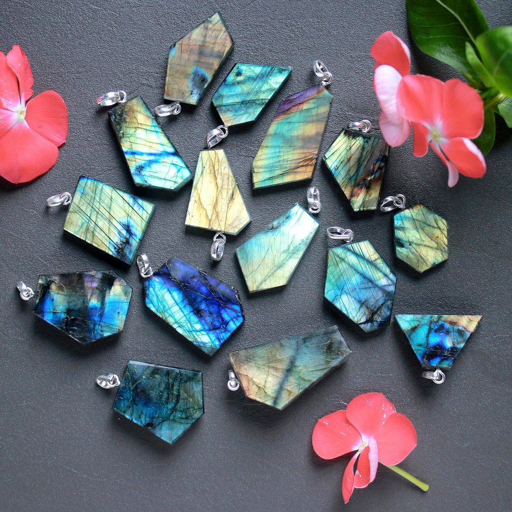 15Pcs 533Cts Natural Labradorite Slice Silver Plated Pendant 40x21 26x20mm#G-1948