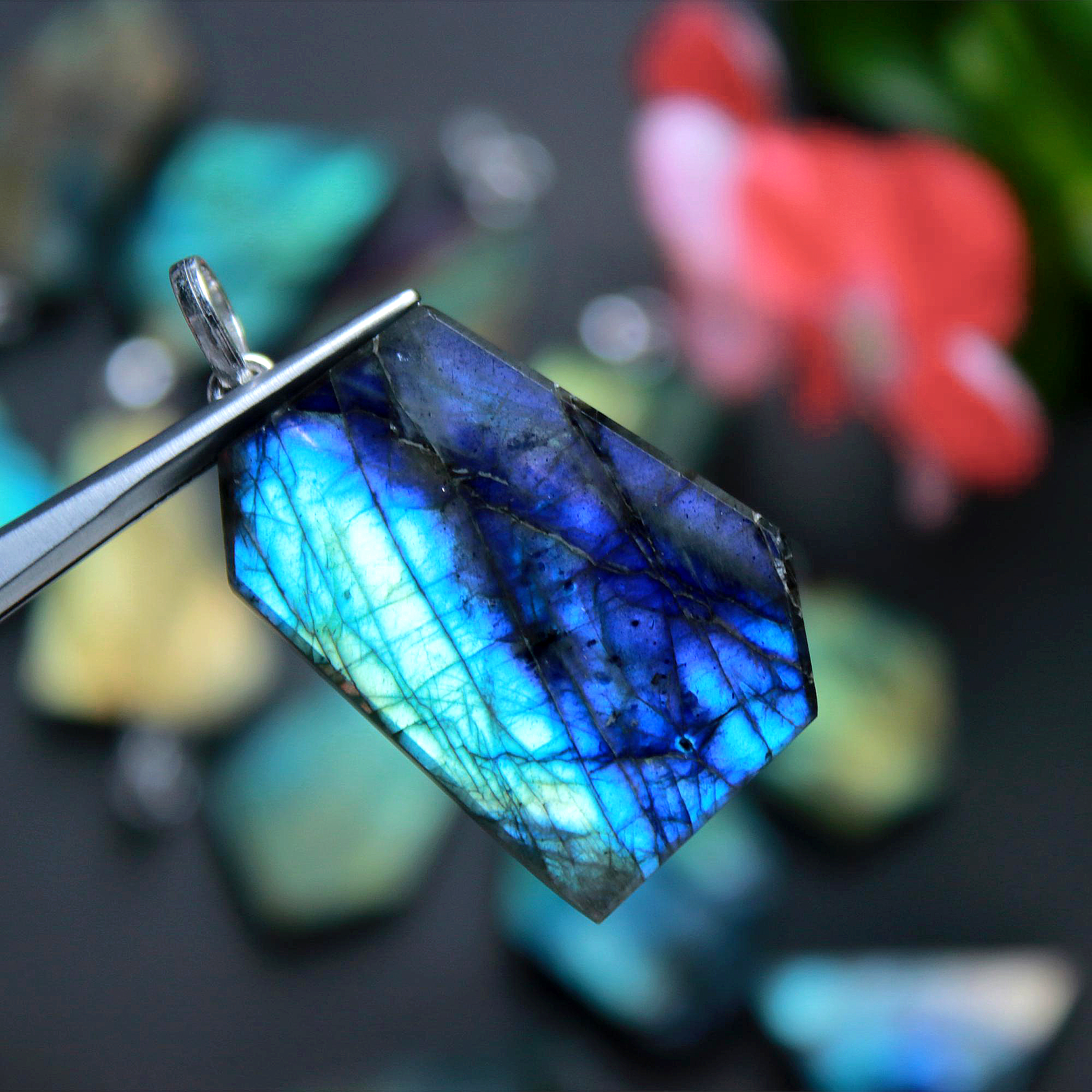 15Pcs 533Cts Natural Labradorite Slice Silver Plated Pendant 40x21 26x20mmG-1948
