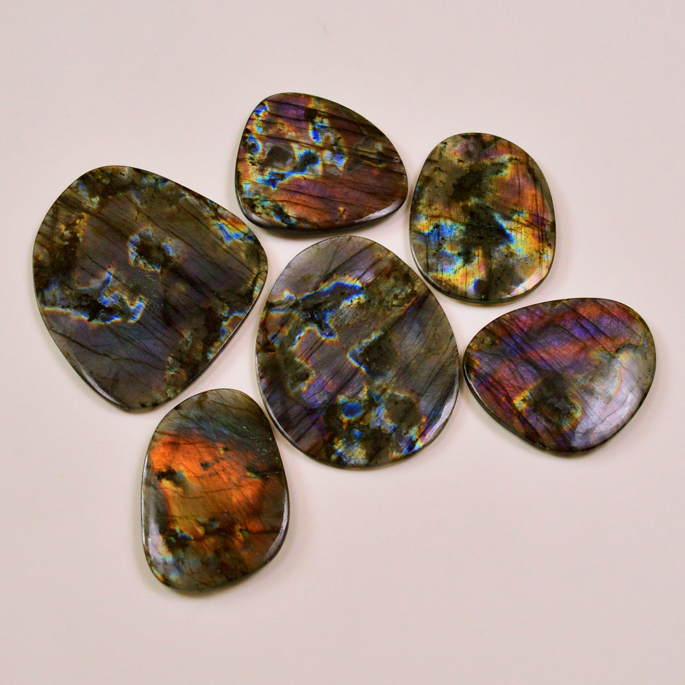 Image of 6 Pcs 831Cts Natural Labradorite Palm Stone Briolette Cabochons Gemstone Lot 80x62 53x34mm #19480