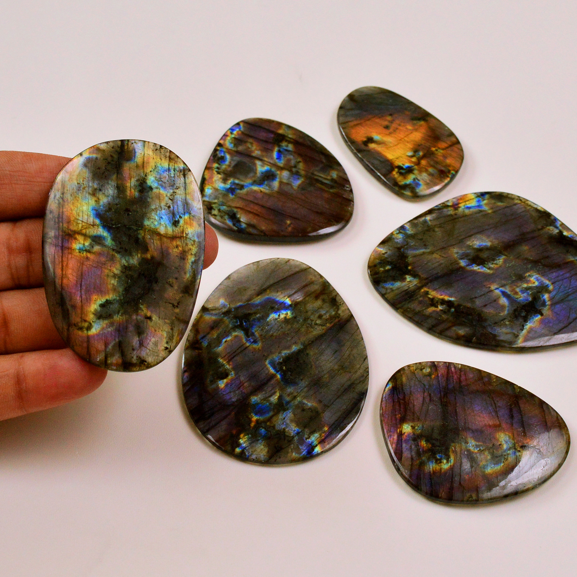6 Pcs 831Cts Natural Labradorite Palm Stone Briolette Cabochons Gemstone Lot 80x62 53x34mm 19480