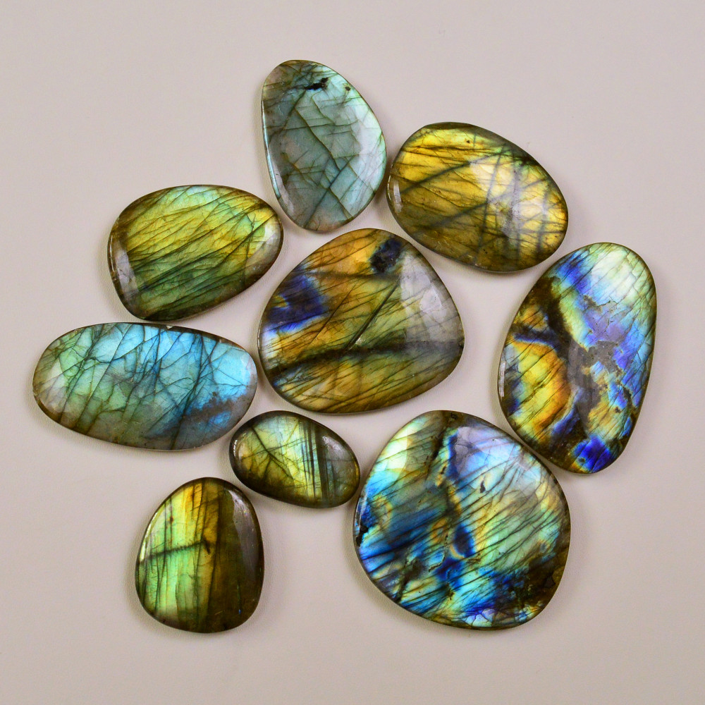 Image of 9 Pcs 633Cts Natural Labradorite Palm Stone Briolette Cabochons Gemstone Lot 45x40 25x15mm #19482