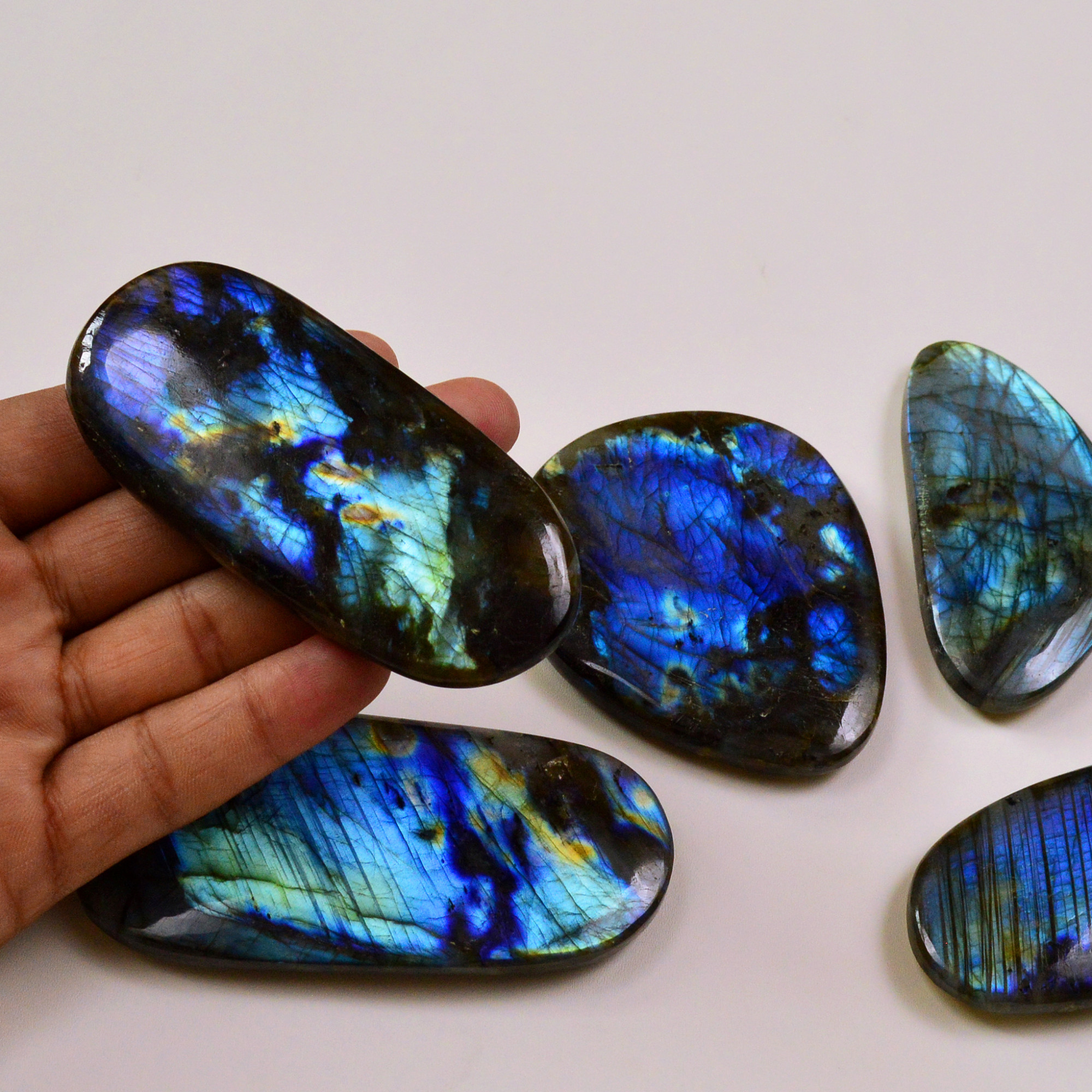 5 Pcs 2165Cts Natural Labradorite Palm Stone Briolette Cabochons Gemstone Lot 95x40 67x38mm 19483