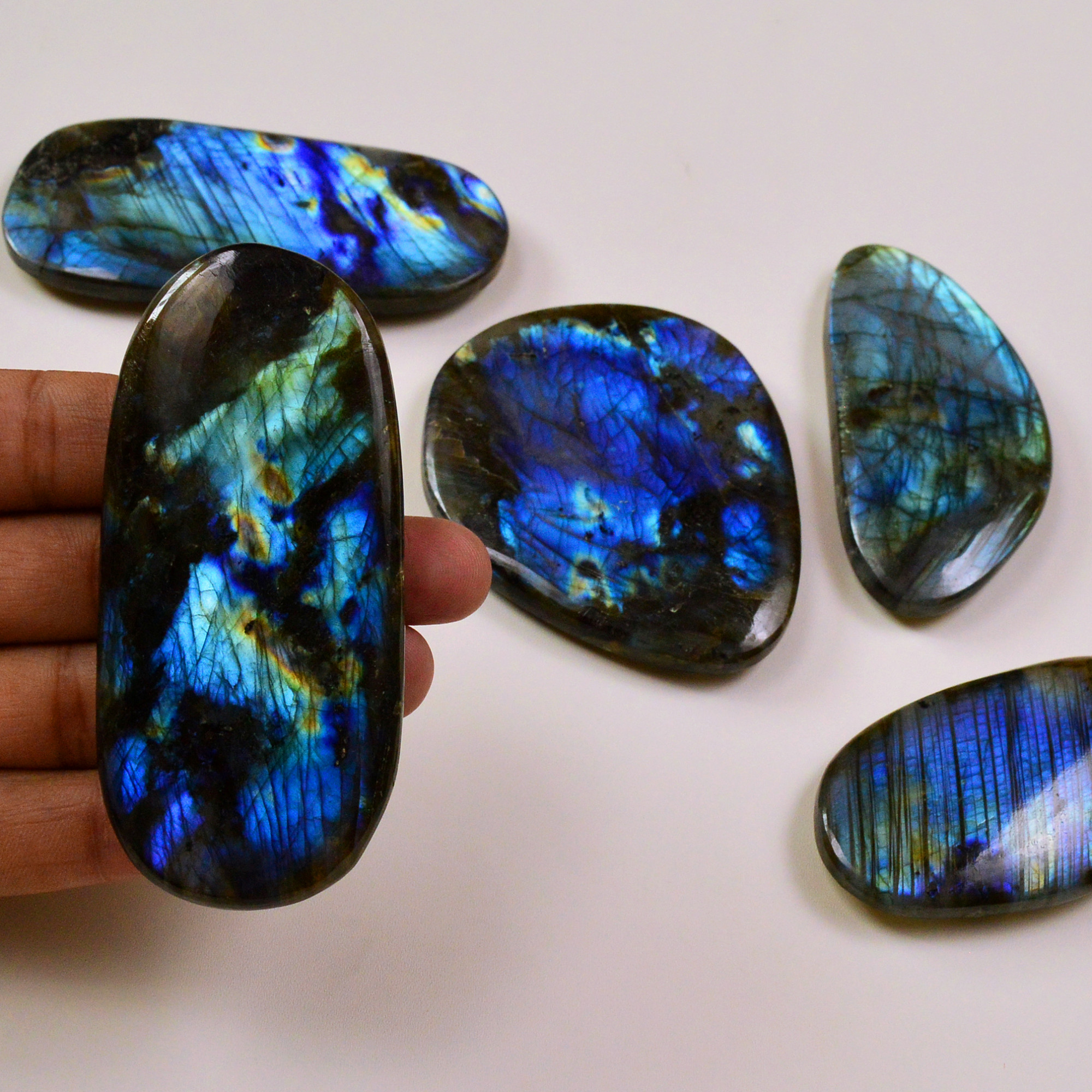 5 Pcs 2165Cts Natural Labradorite Palm Stone Briolette Cabochons Gemstone Lot 95x40 67x38mm 19483