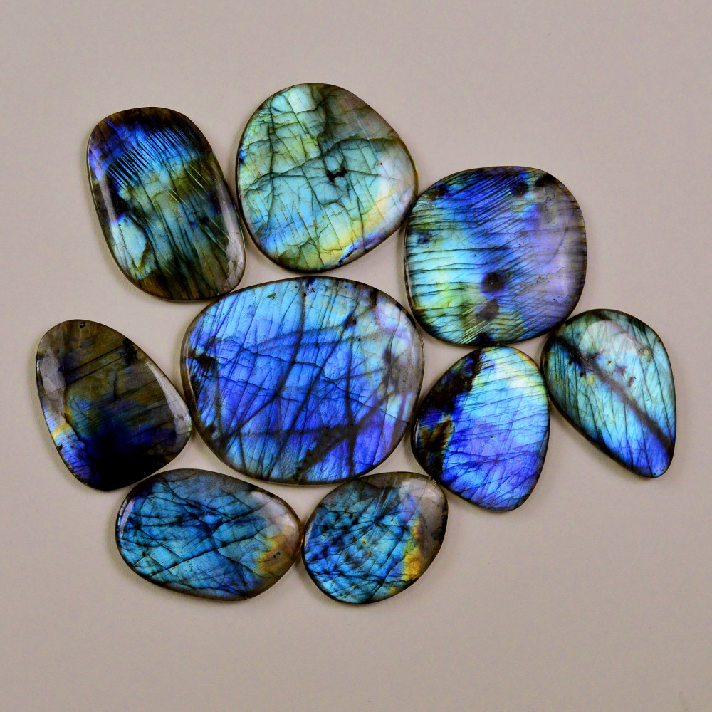 Image of 9 Pcs 812Cts Natural Labradorite Palm Stone Briolette Cabochons Gemstone Lot 58x50 37x27mm #19485