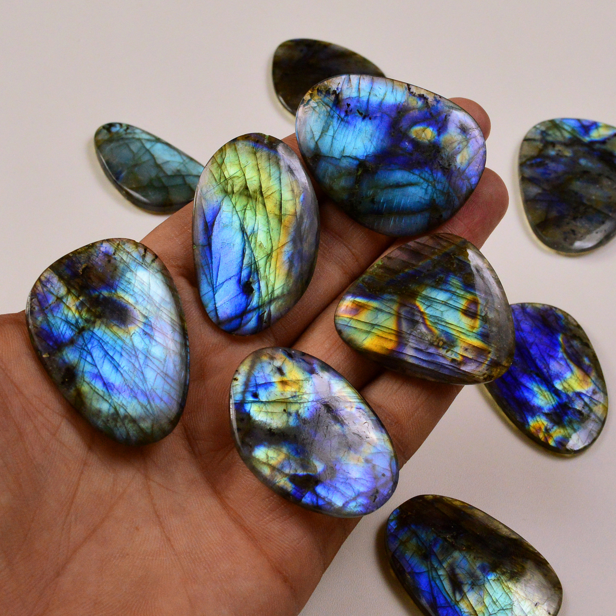 10 Pcs 638Cts Natural Labradorite Palm Stone Briolette Cabochons Gemstone Lot 54x36 38x20mm 19488