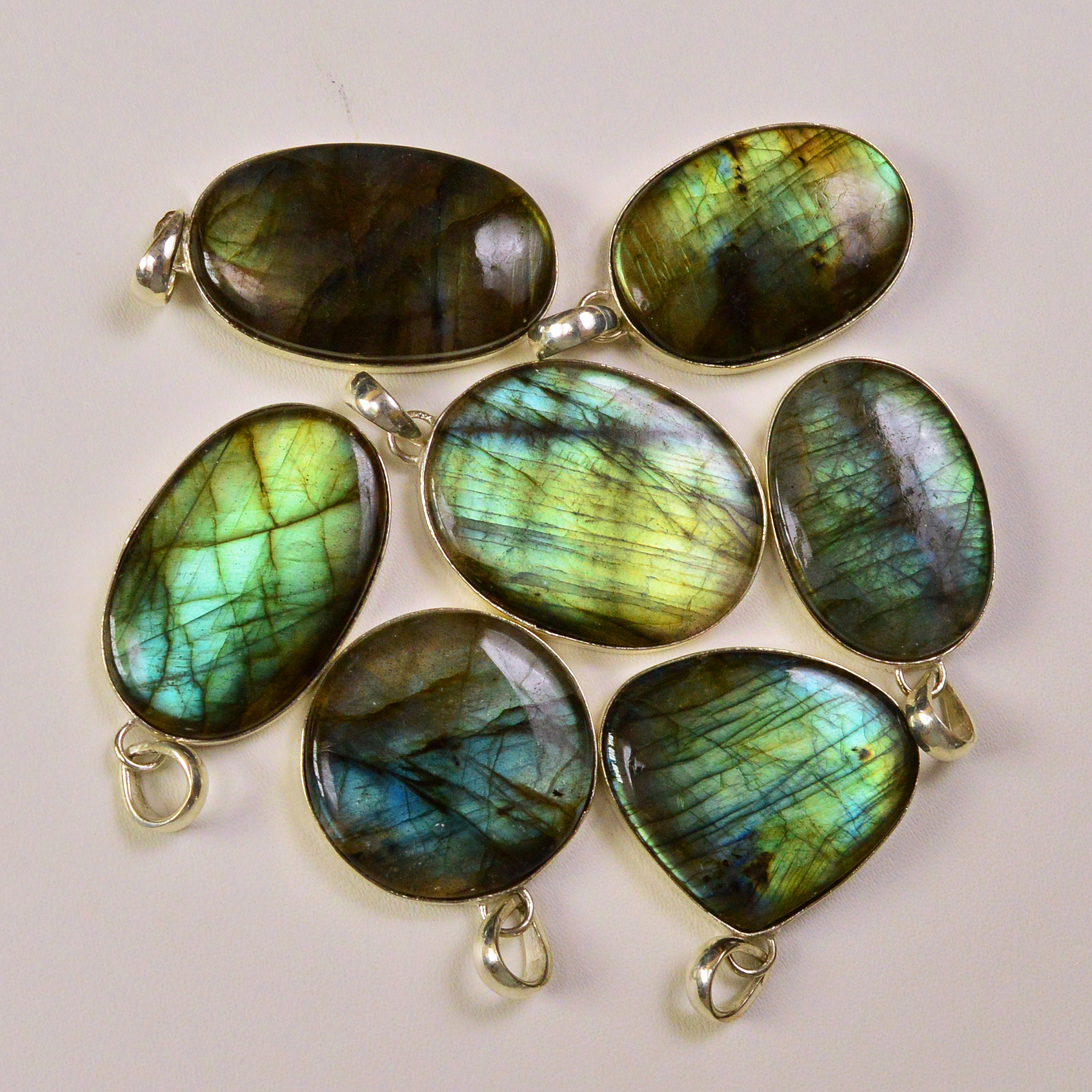 7 Pcs 213Cts Labradorite Gemstone Silver Plated Pendant Lot 27x16 21x24mm 19490