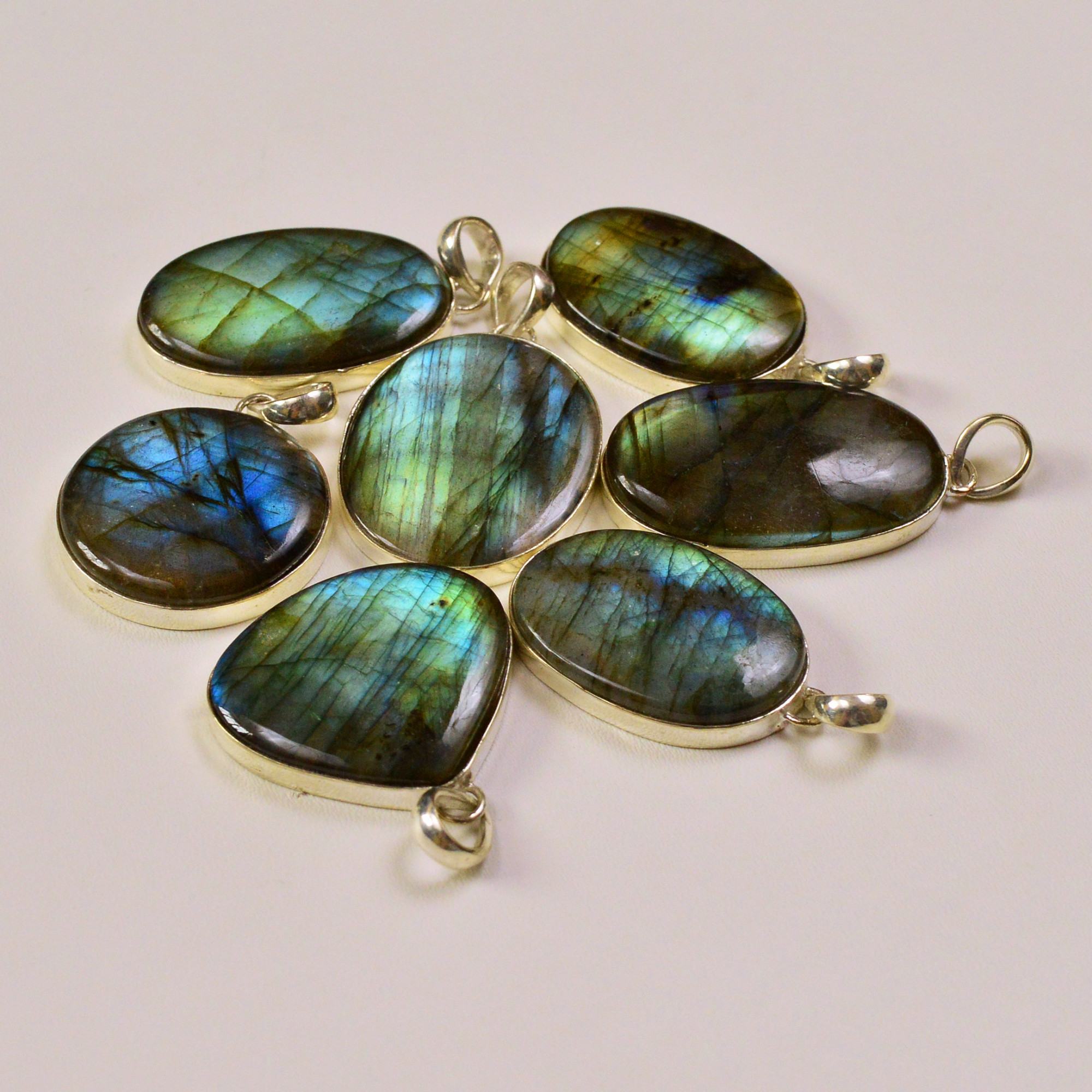 7 Pcs 213Cts Labradorite Gemstone Silver Plated Pendant Lot 27x16 21x24mm 19490