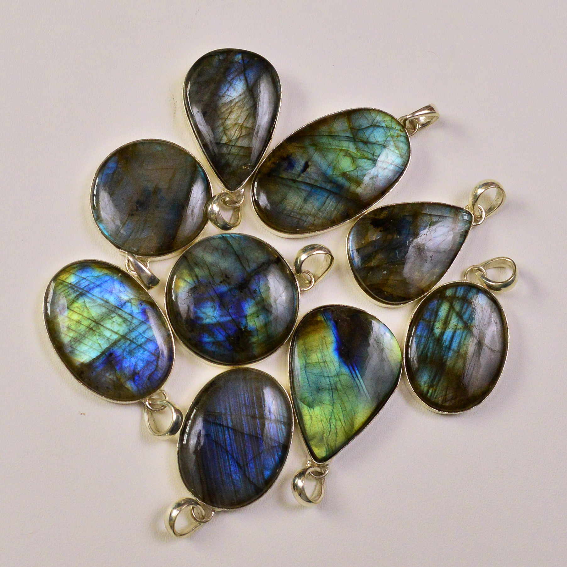 9 Pcs 266Cts Labradorite Gemstone Silver Plated Pendant Lot 30x16 20x20mm 19491