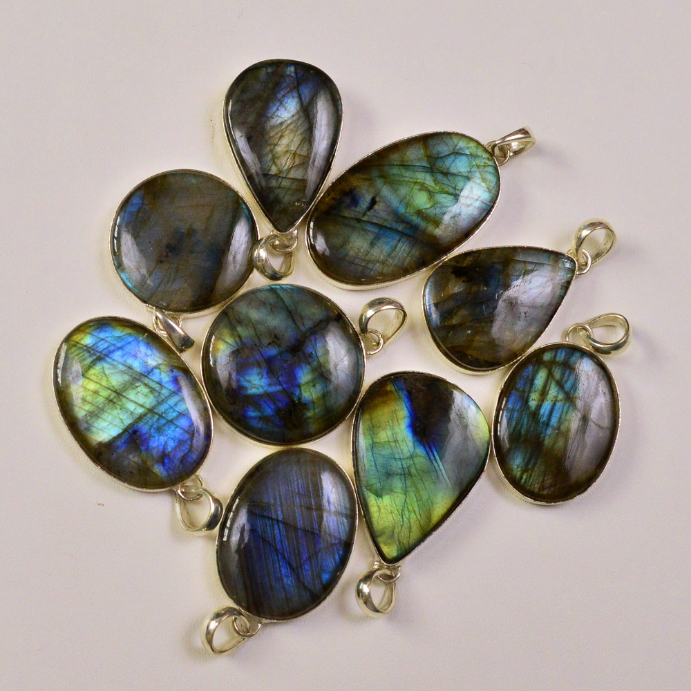 Image of 9 Pcs 266Cts  Labradorite Gemstone Silver Plated Pendant Lot 30x16 20x20mm #19491