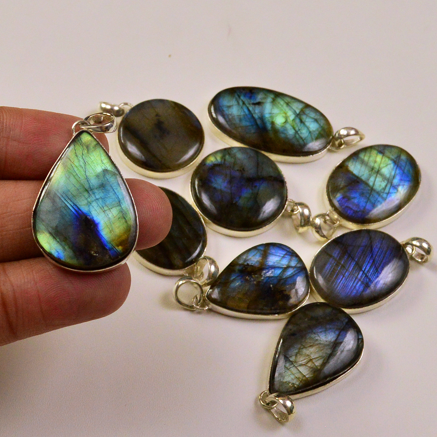 9 Pcs 266Cts  Labradorite Gemstone Silver Plated Pendant Lot 30x16 20x20mm 19491