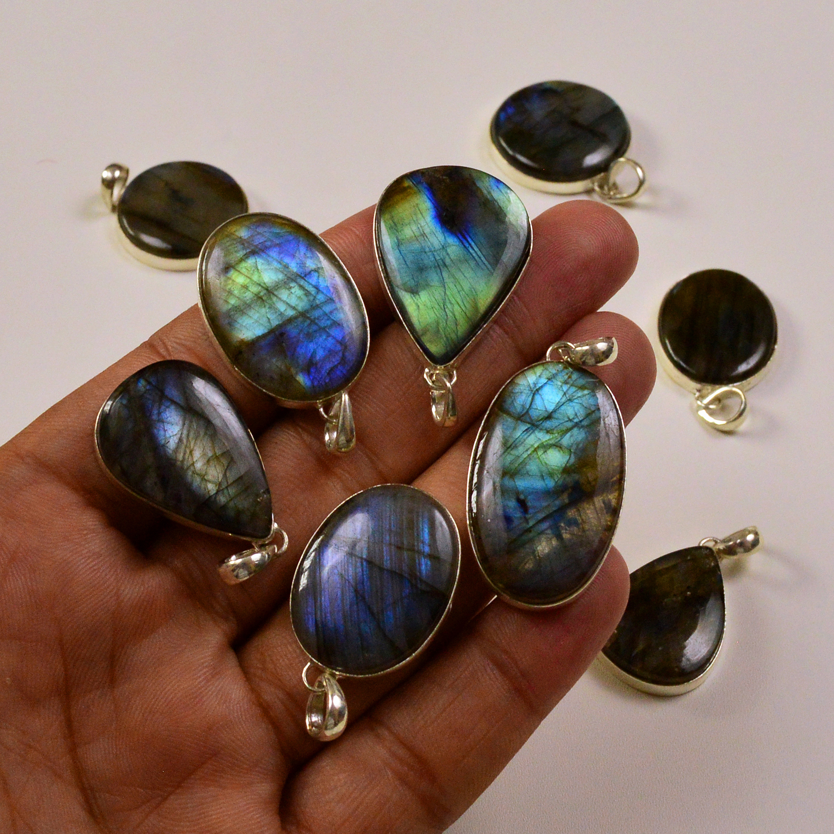 9 Pcs 266Cts Labradorite Gemstone Silver Plated Pendant Lot 30x16 20x20mm 19491