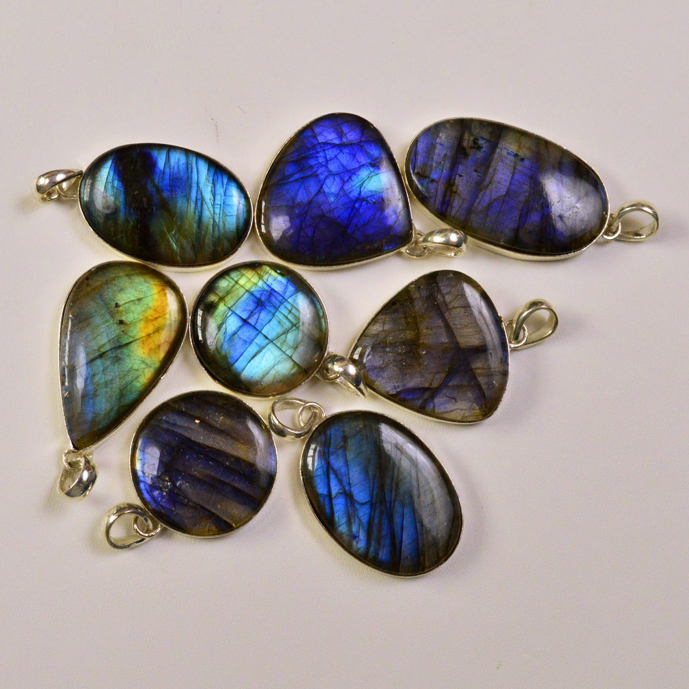 Image of 8 Pcs 252Cts  Labradorite Gemstone Silver Plated Pendant Lot 30x17 18x18mm #19492