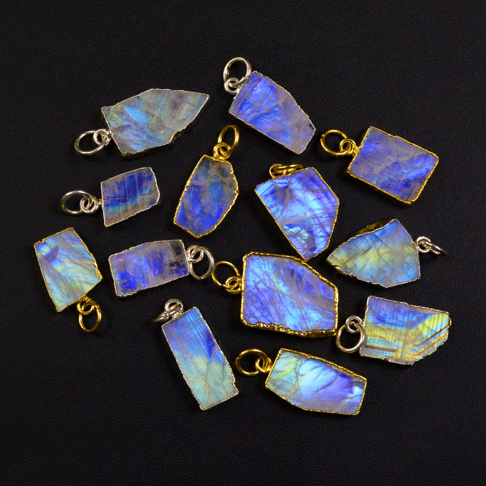 Image of 13 Pcs 104Cts   Rainbow Moonstone Gemstone Gold &amp; Silver Pendant for Jewellery Making  16x6 8x6mm #19495