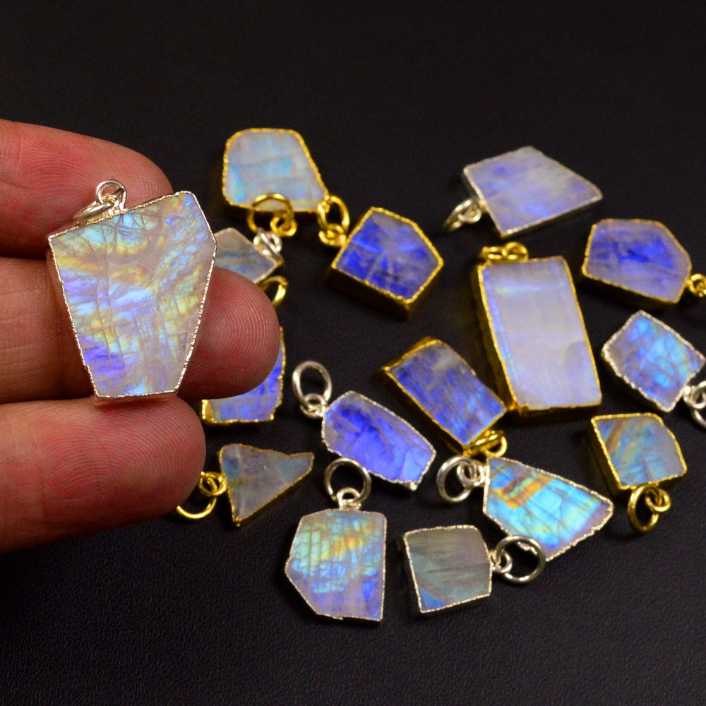 Image of 16 Pcs 109Cts   Rainbow Moonstone Gemstone Gold &amp; Silver Pendant for Jewellery Making  20x10 10x5mm #19499
