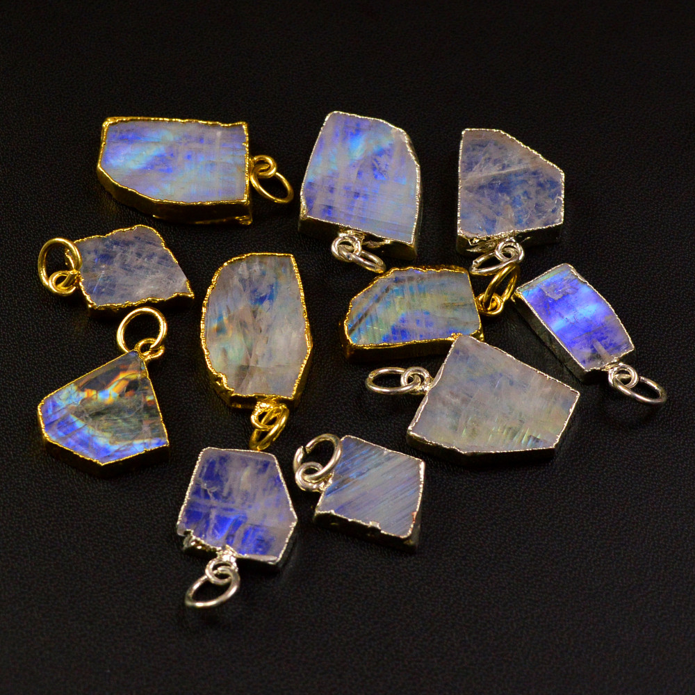 Image of 11 Pcs 86Cts   Rainbow Moonstone Gemstone Gold &amp; Silver Pendant for Jewellery Making  15x3 11x10mm #19500