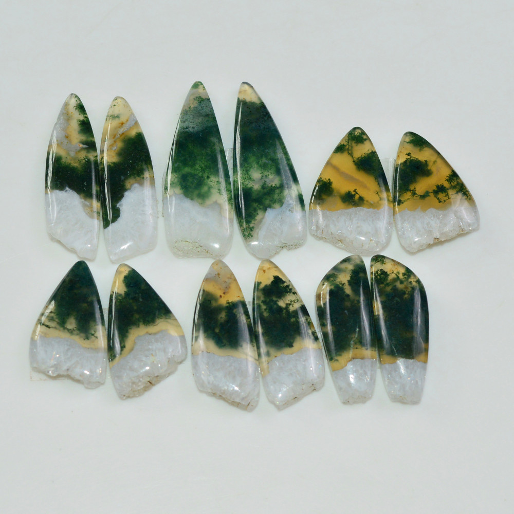 Image of 6 Pairs 135 Cts Natural Green Moss Agate Cabochon Gemstone Pairs Lot 30x10 20x10mm #19563