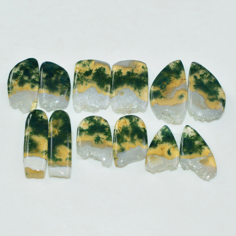 Image of 6 Pairs 118 Cts Natural Green Moss Agate Cabochon Gemstone Pairs Lot 20x10 18x9mm #19564