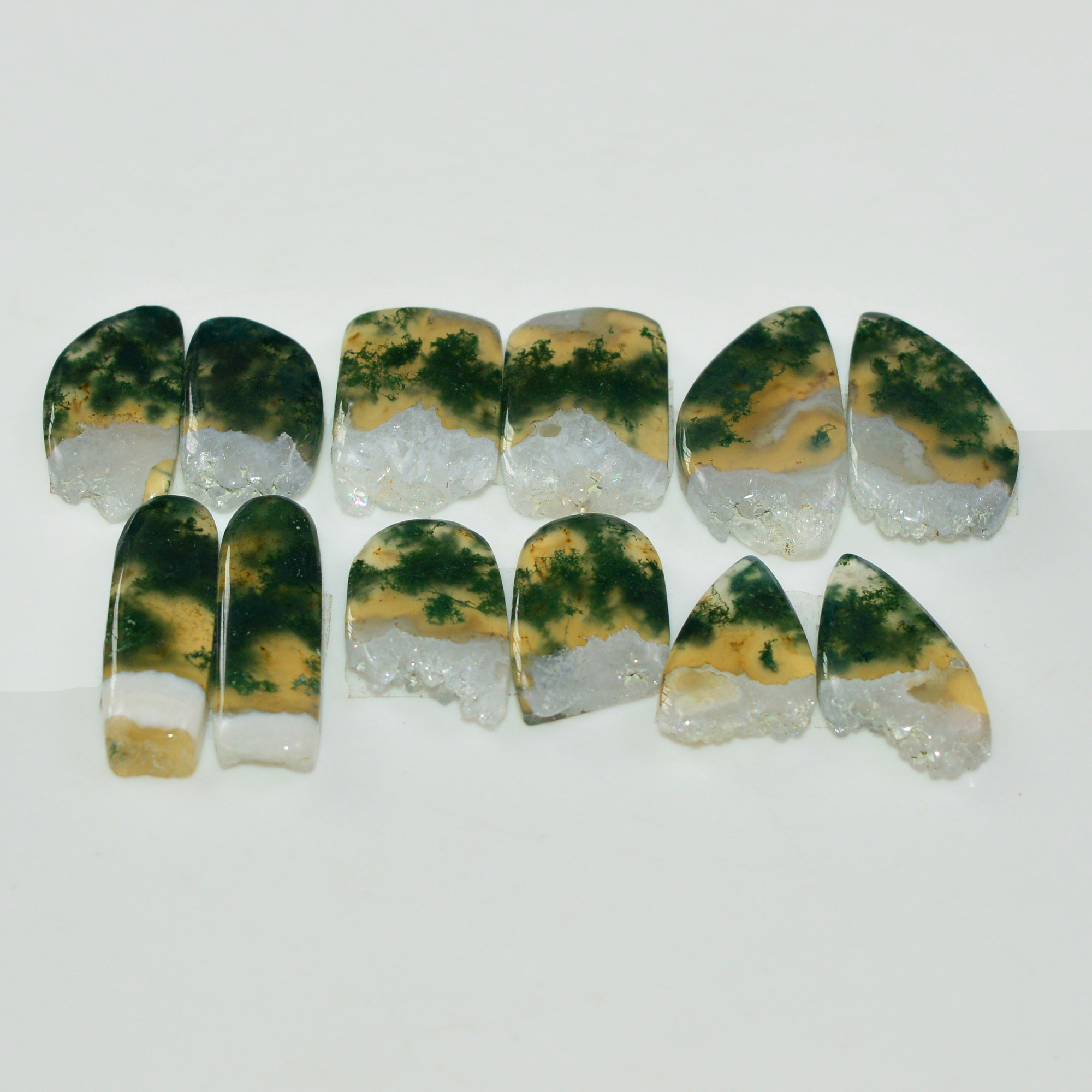 6 Pairs 118 Cts Natural Green Moss Agate Cabochon Gemstone Pairs Lot 20x10 18x9mm 19564