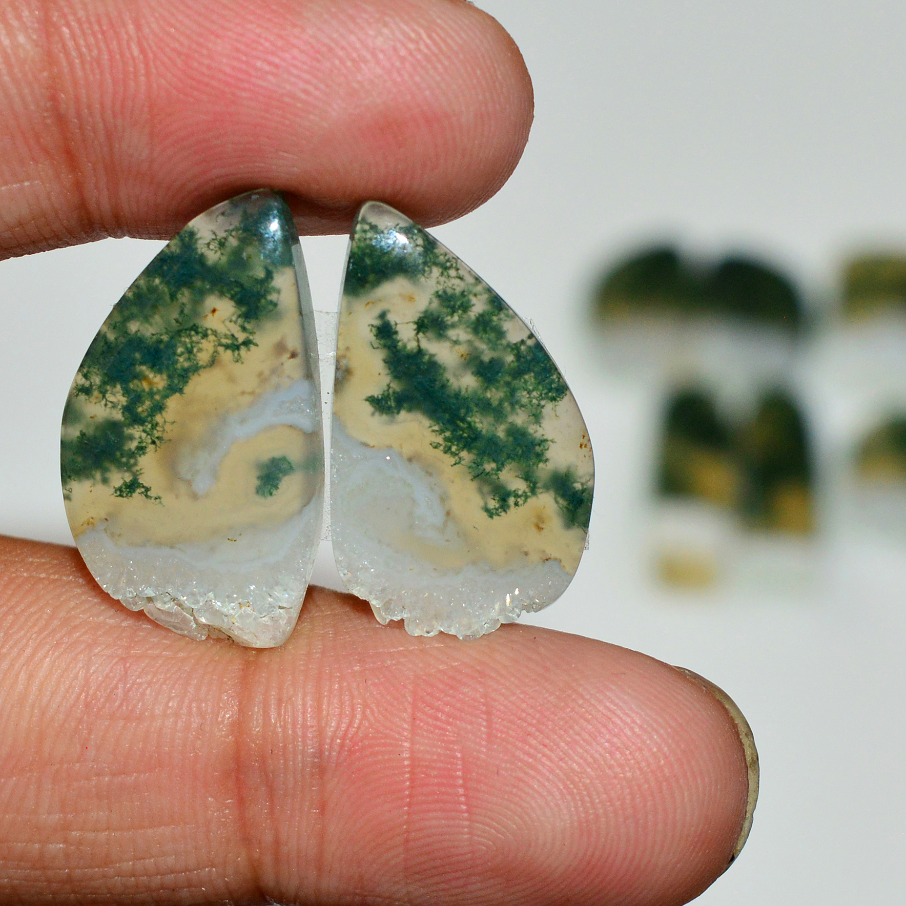 6 Pairs 118 Cts Natural Green Moss Agate Cabochon Gemstone Pairs Lot 20x10 18x9mm 19564