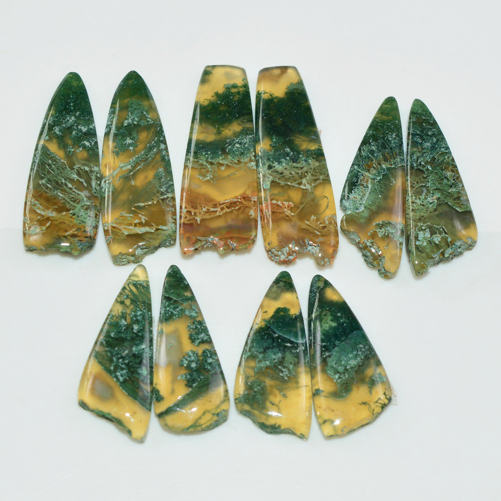 Image of 5 Pairs 100 Cts Natural Green Moss Agate Cabochon Gemstone Pairs Lot 30x8  21x8mm #19566